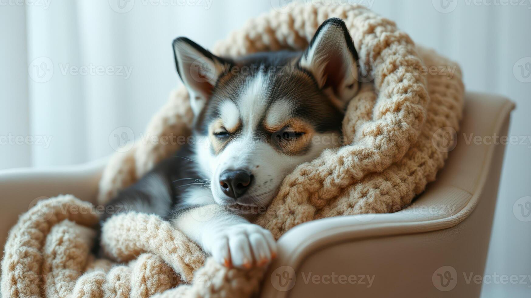 Cozy husky puppy sleeping on a soft blanket in a warm indoor setting during the day photo