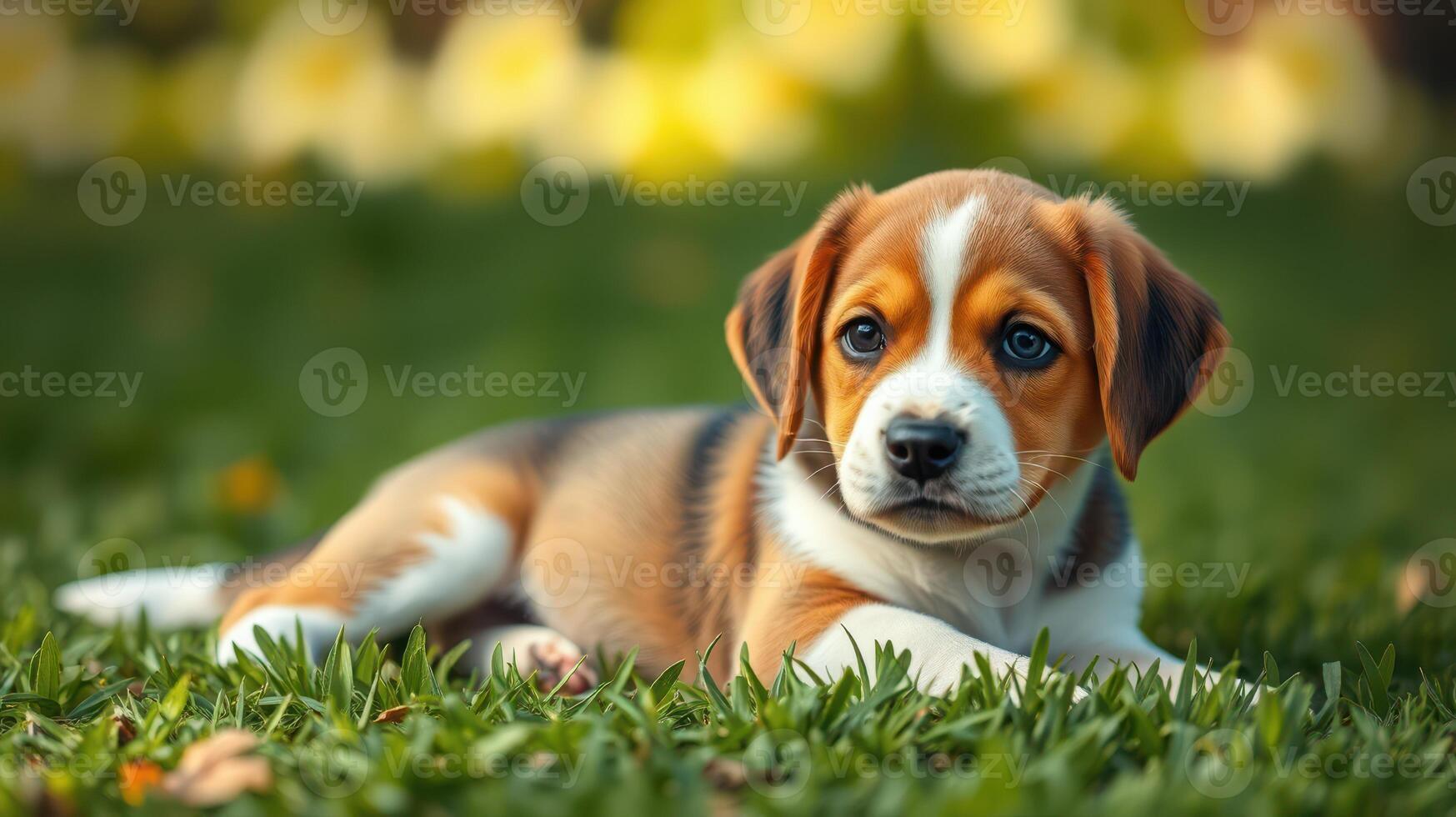 Playful beagle puppy relaxing in a lush green garden during sunny afternoon photo