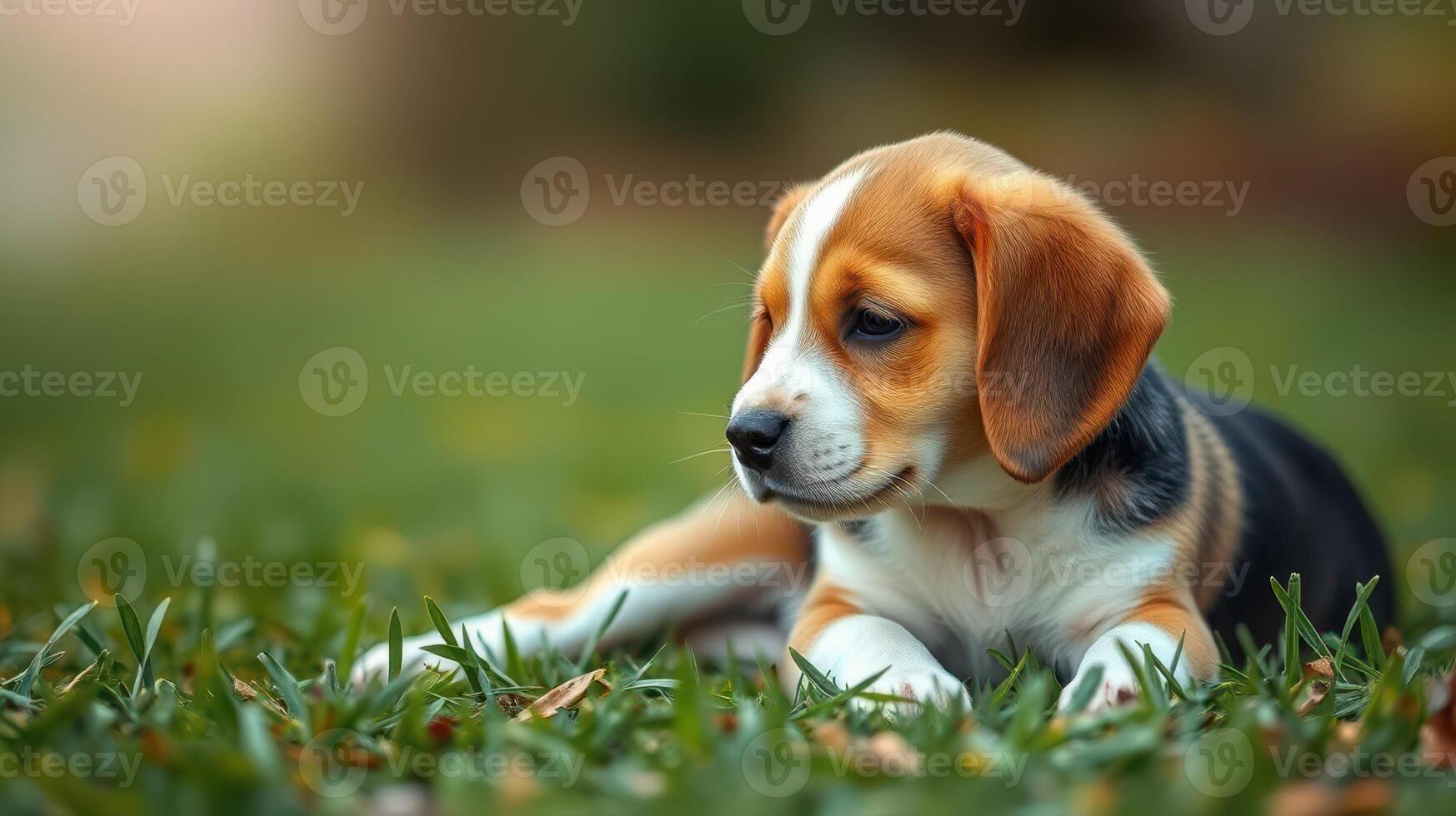 Playful beagle puppy resting on lush green grass in a sunny outdoor setting photo