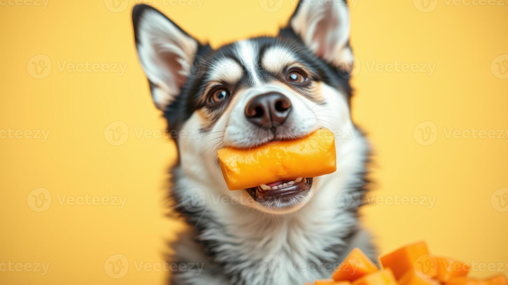 Happy dog enjoying a bright orange treat against a yellow background in a cheerful setting photo