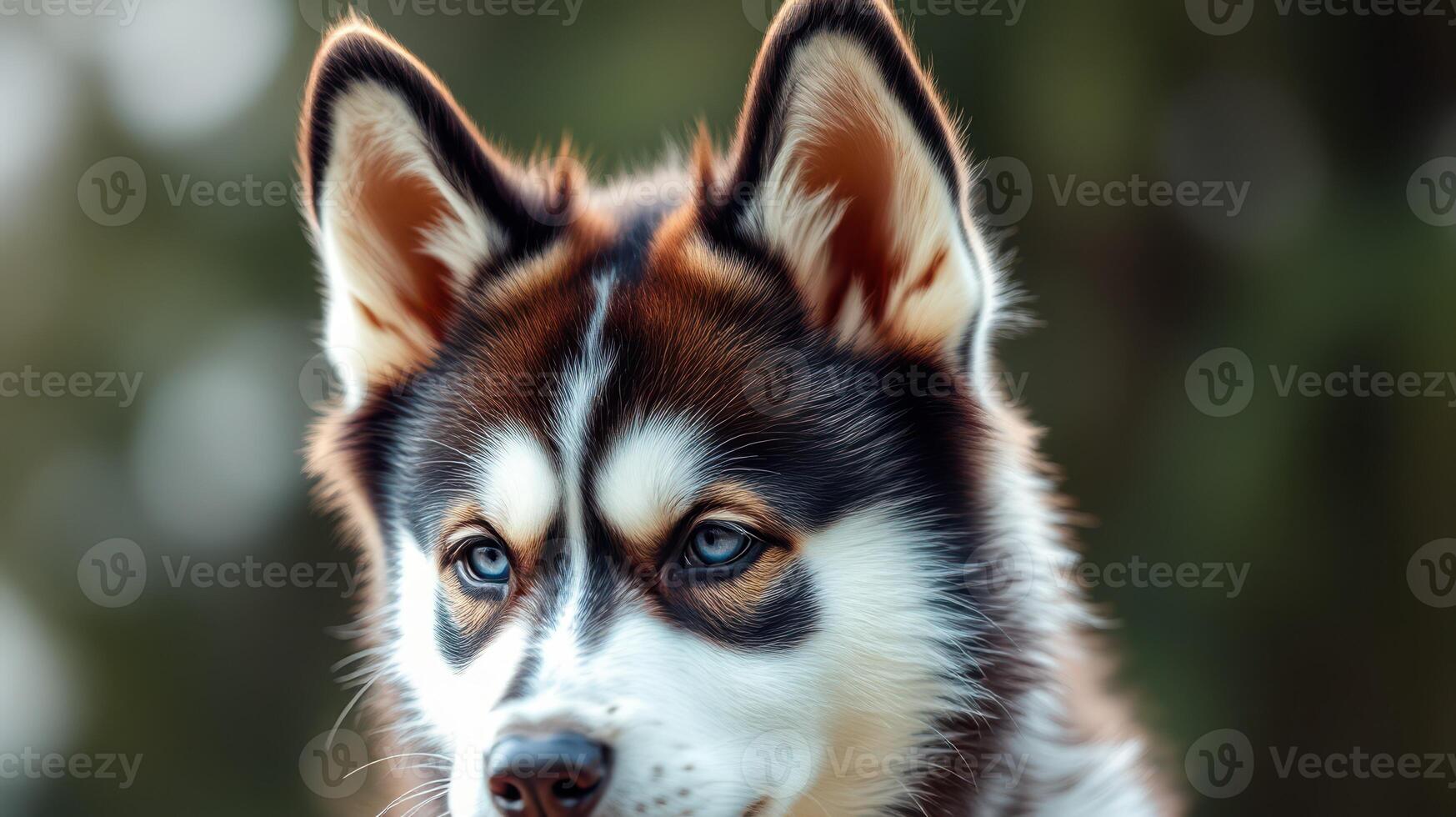 Beautiful husky with striking blue eyes gazes calmly in the forest during a sunny afternoon photo