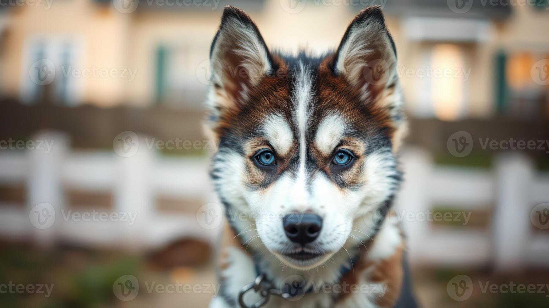 Siberian Husky puppy with striking blue eyes in a sunny backyard setting surrounded by a white fence photo