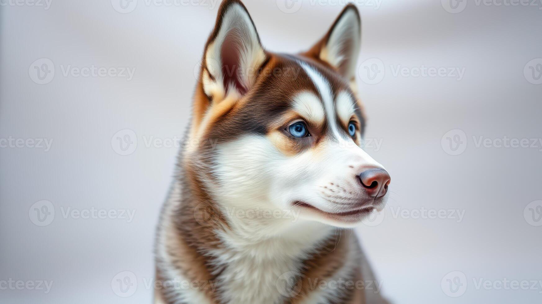 Beautiful husky with striking blue eyes poses against a neutral background indoors photo