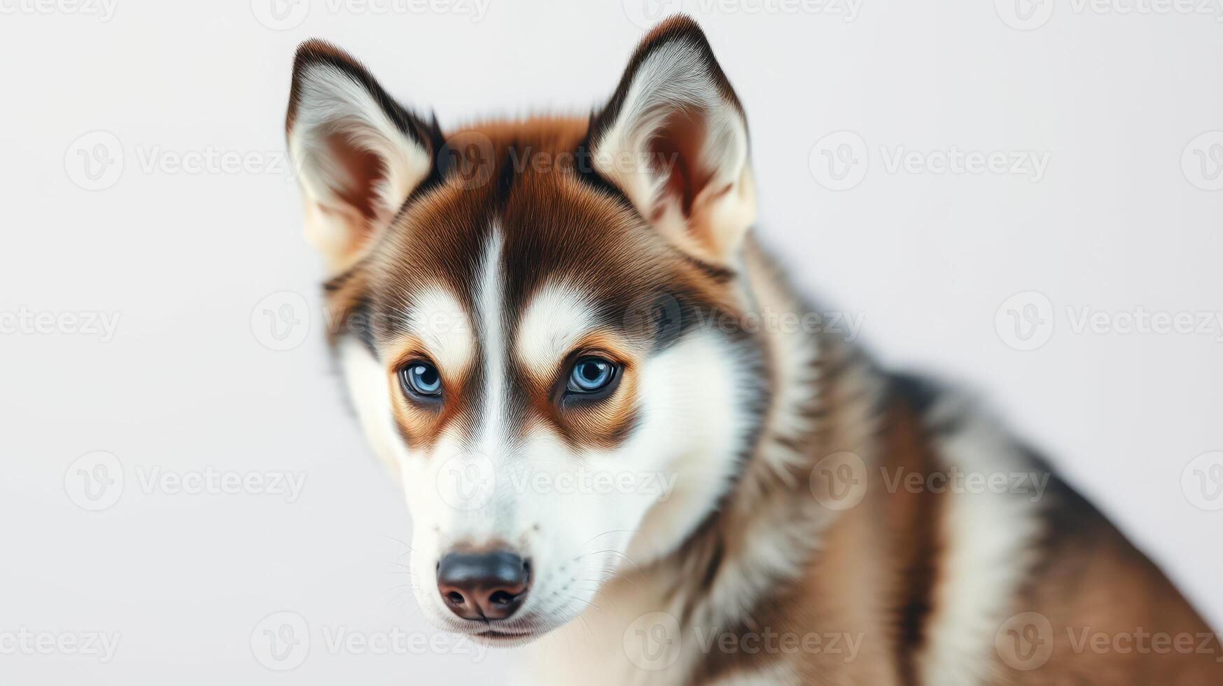 Captivating husky dog looks directly at the camera in a neutral background during a bright indoor moment photo