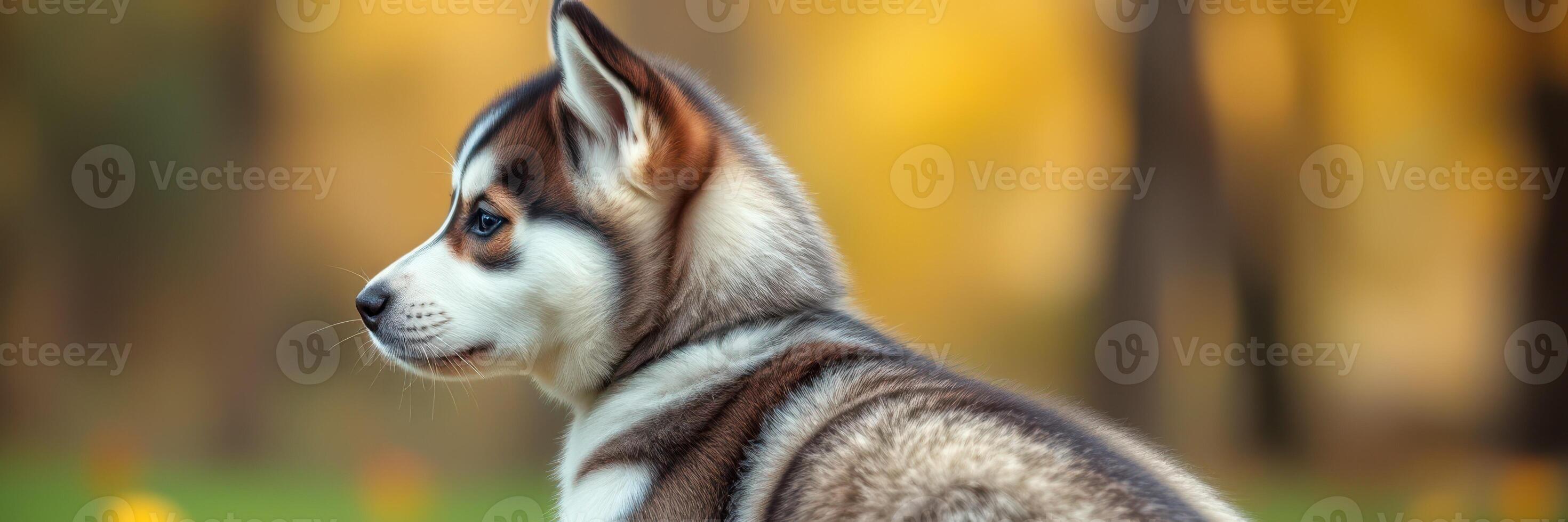 Siberian husky puppy sitting gracefully in a sunlit forest clearing during autumn photo