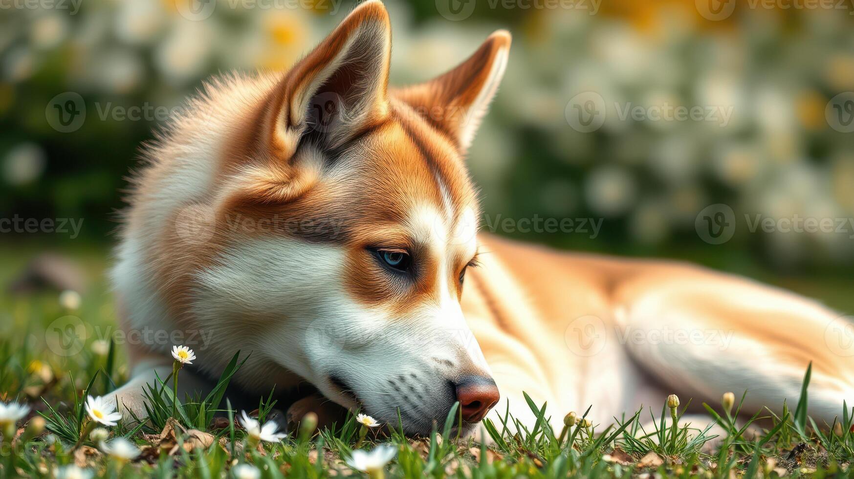 Dog resting on green grass surrounded by flowers during a sunny afternoon in a garden photo