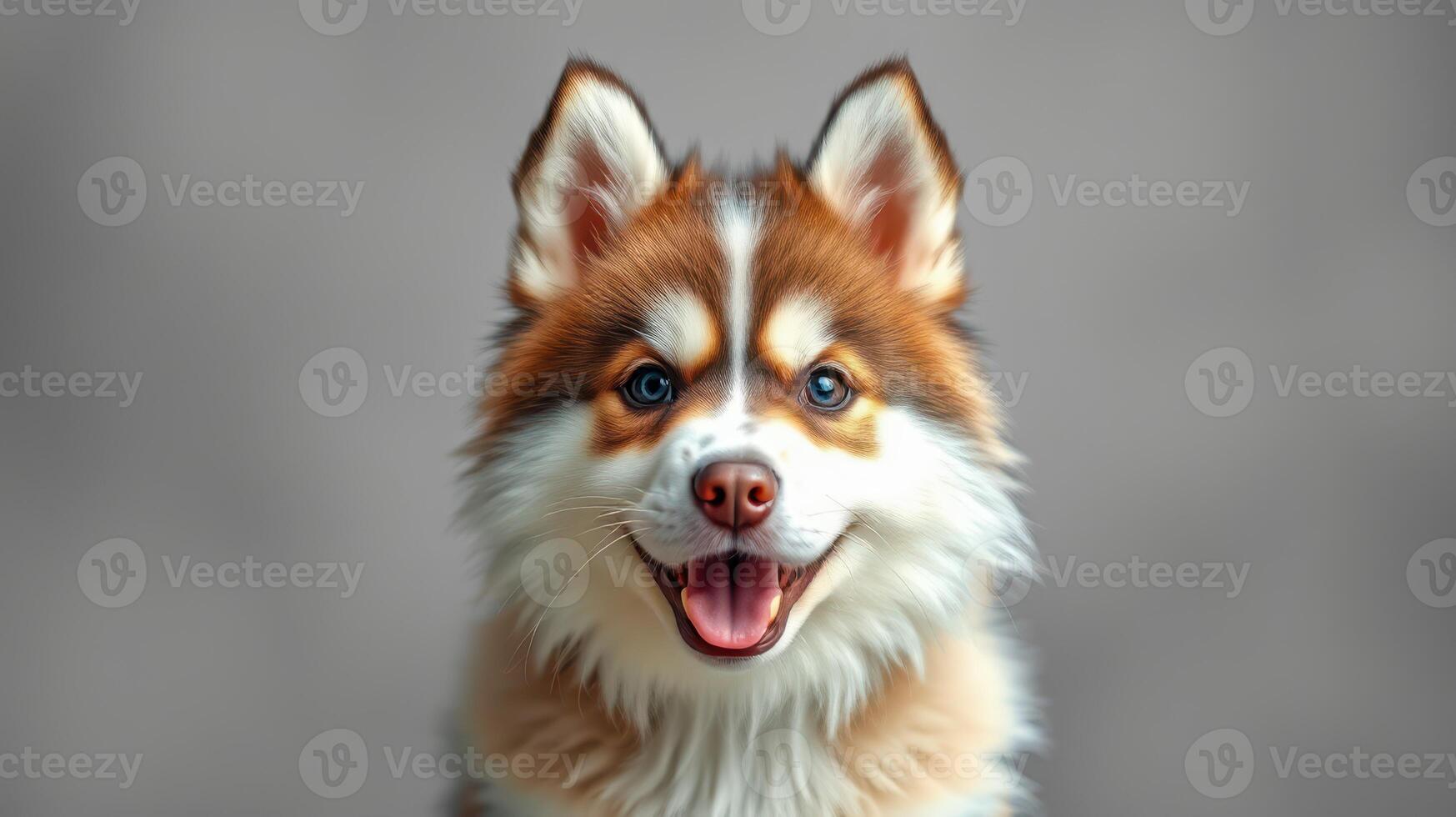 Happy dog with bright eyes and fluffy fur posing against a neutral background photo