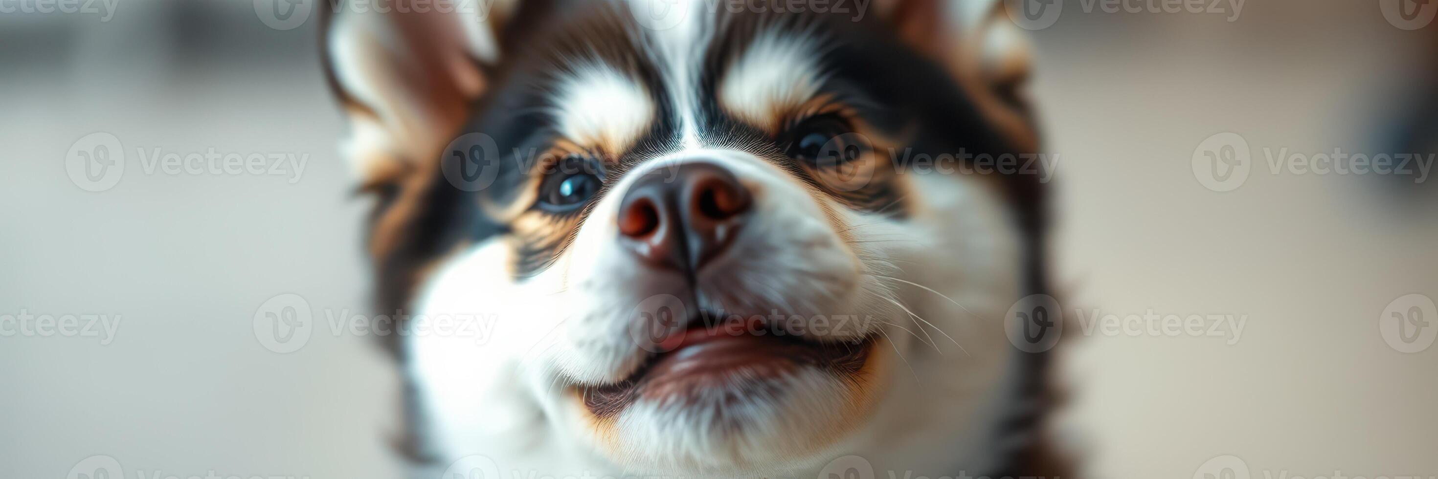 Happy dog with sparkling eyes looks directly at the camera in a bright indoor setting during a playful moment photo