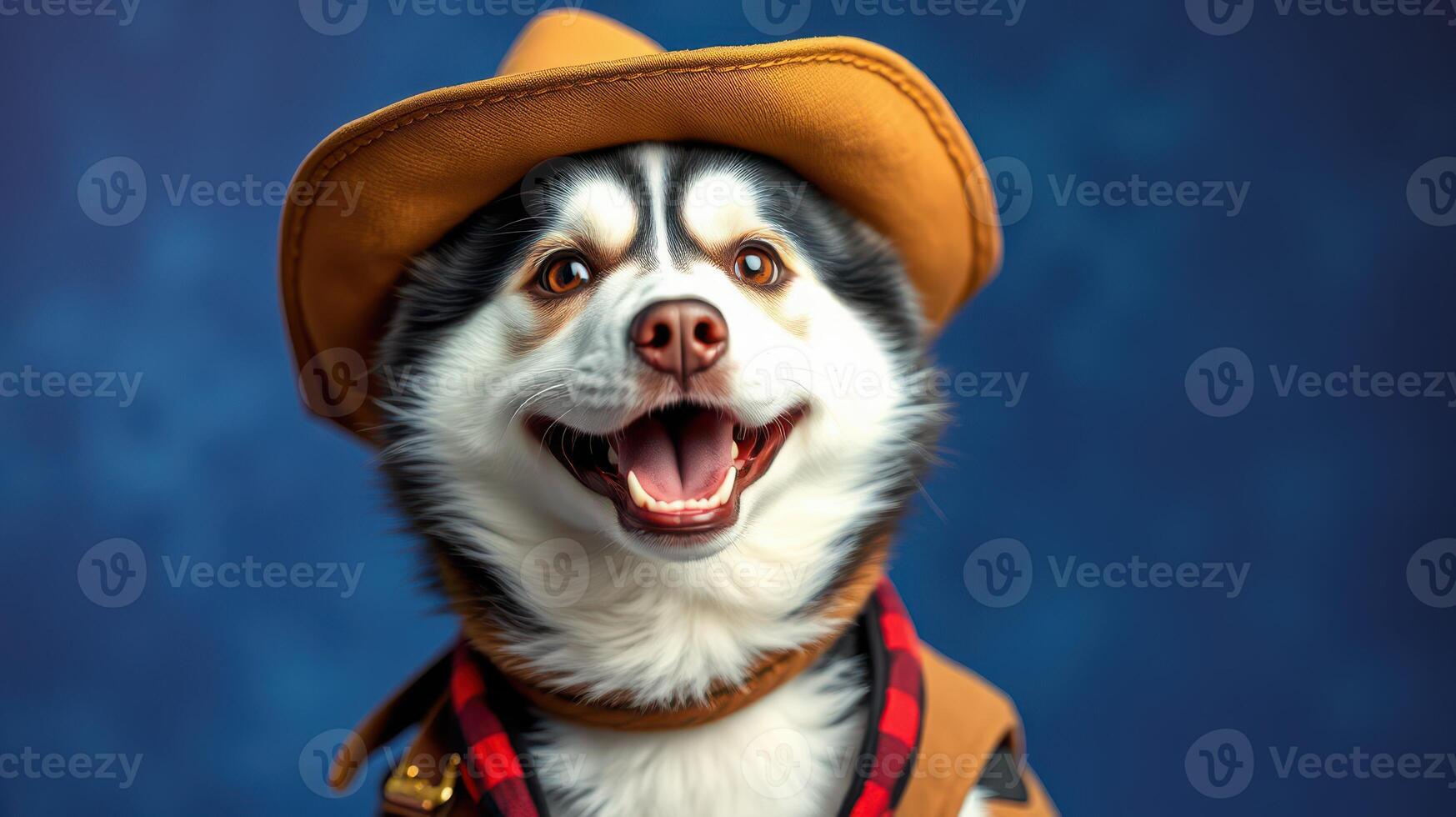 Smiling dog in cowboy hat and vest poses against a blue background while exuding charm and personality photo