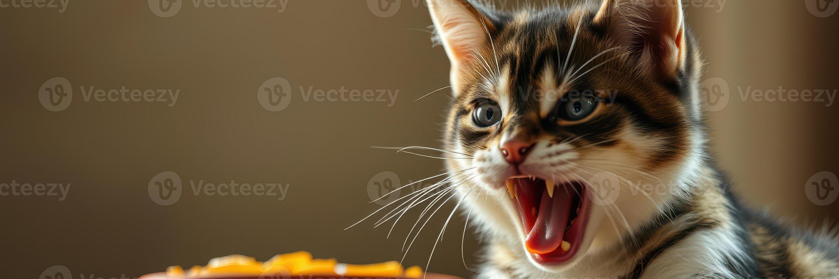Cat expressing surprise while sitting near a plate of food in a cozy indoor setting during the afternoon photo