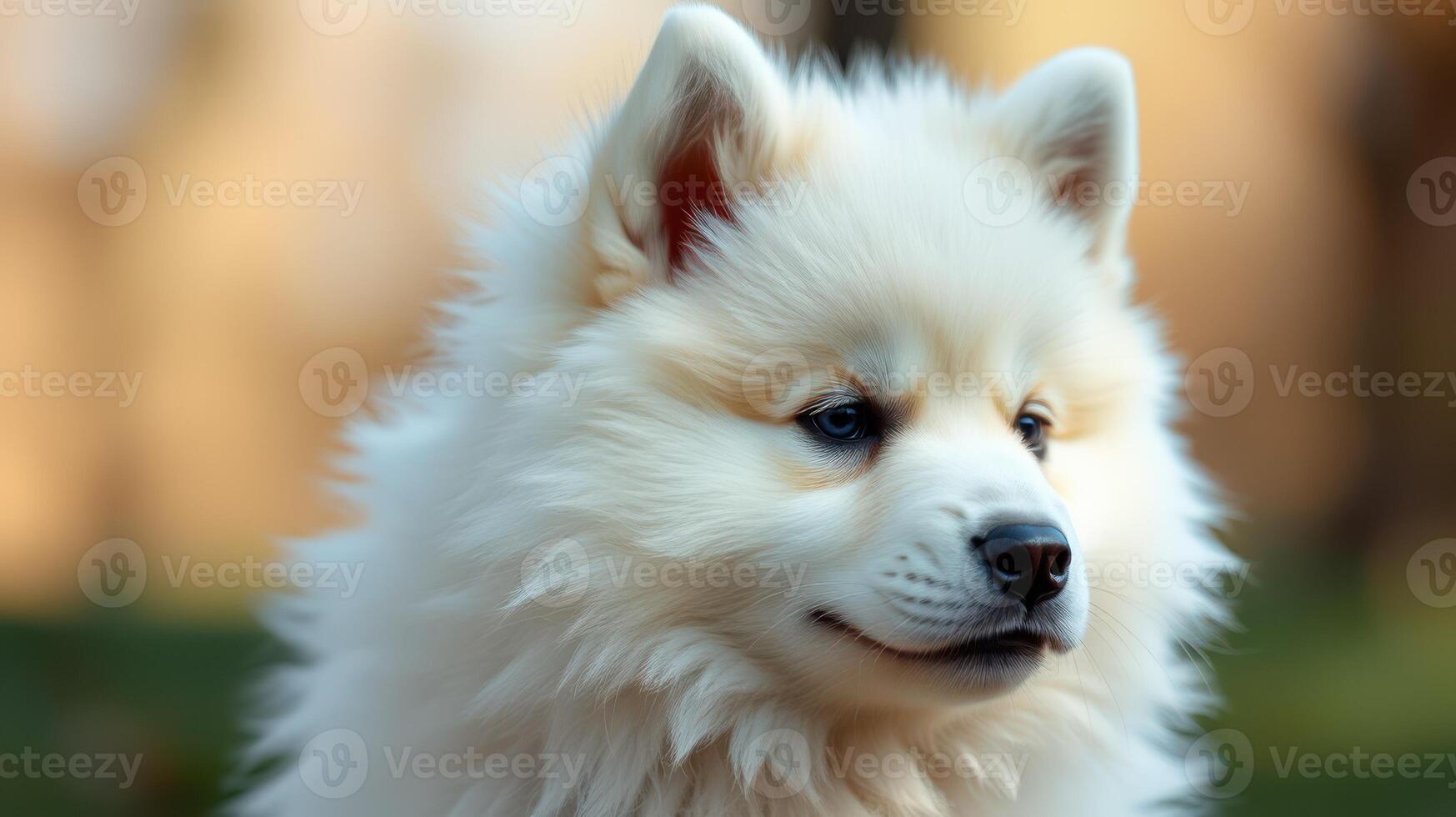 Fluffy samoyed puppy resting outdoors on a sunny day in a park with vibrant greenery and soft light photo