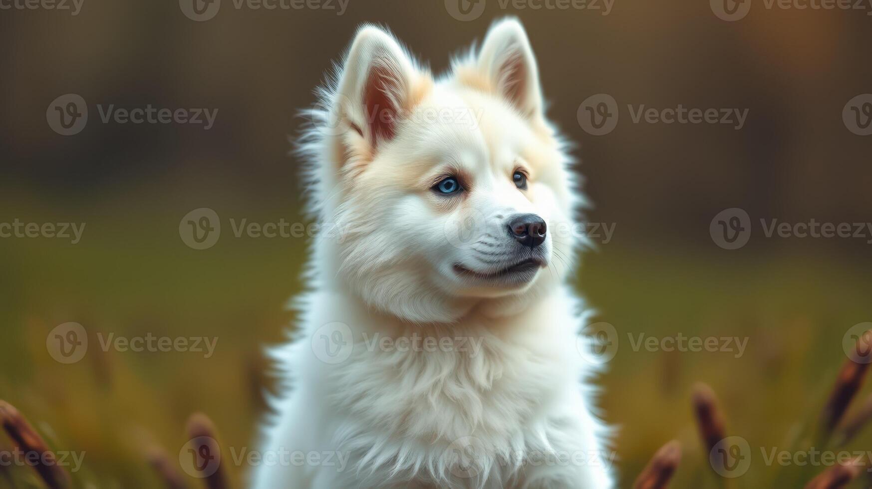 Fluffy white dog enjoying a peaceful moment in a grassy field during golden hour light photo
