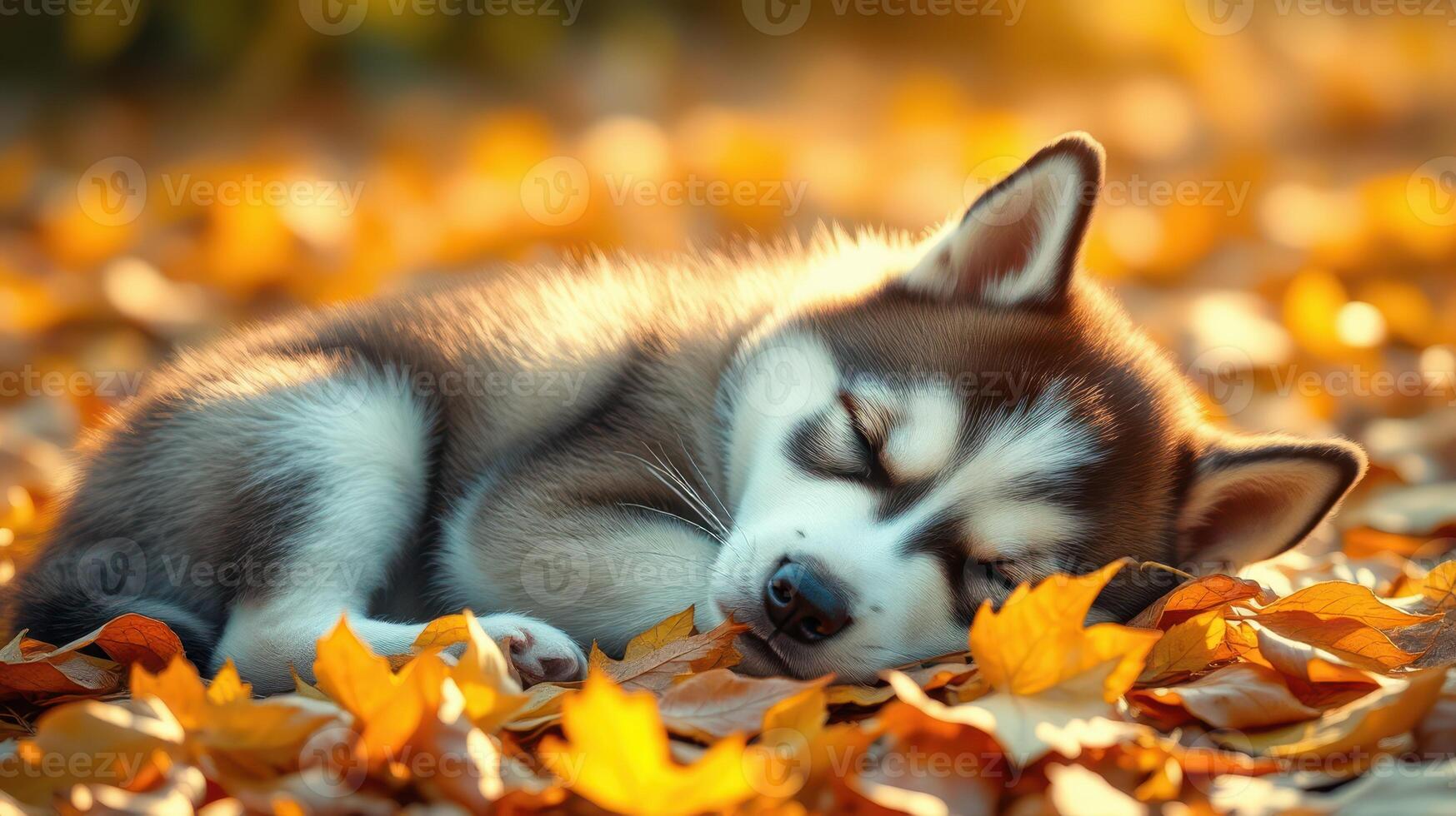Beautiful husky puppy sleeps among colorful autumn leaves in a serene outdoor setting photo