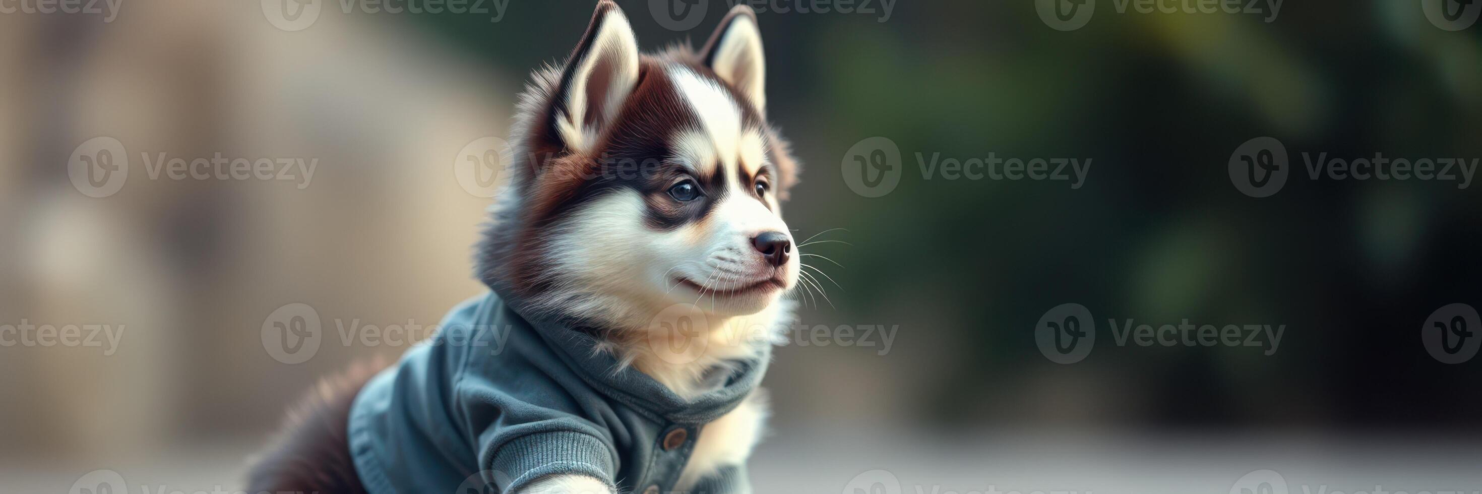 Adorable husky puppy wearing a sweater enjoys a playful day outdoors in a vibrant garden setting photo