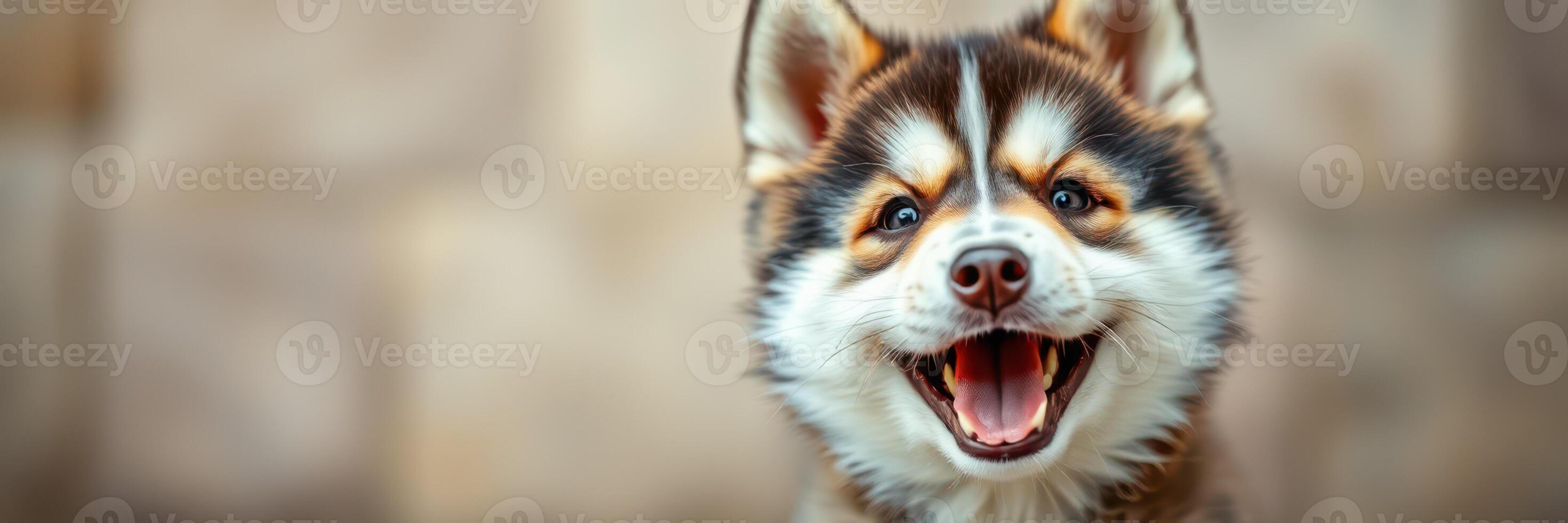 Happy dog with a playful expression enjoying outdoor time in a blurred background with warm colors photo