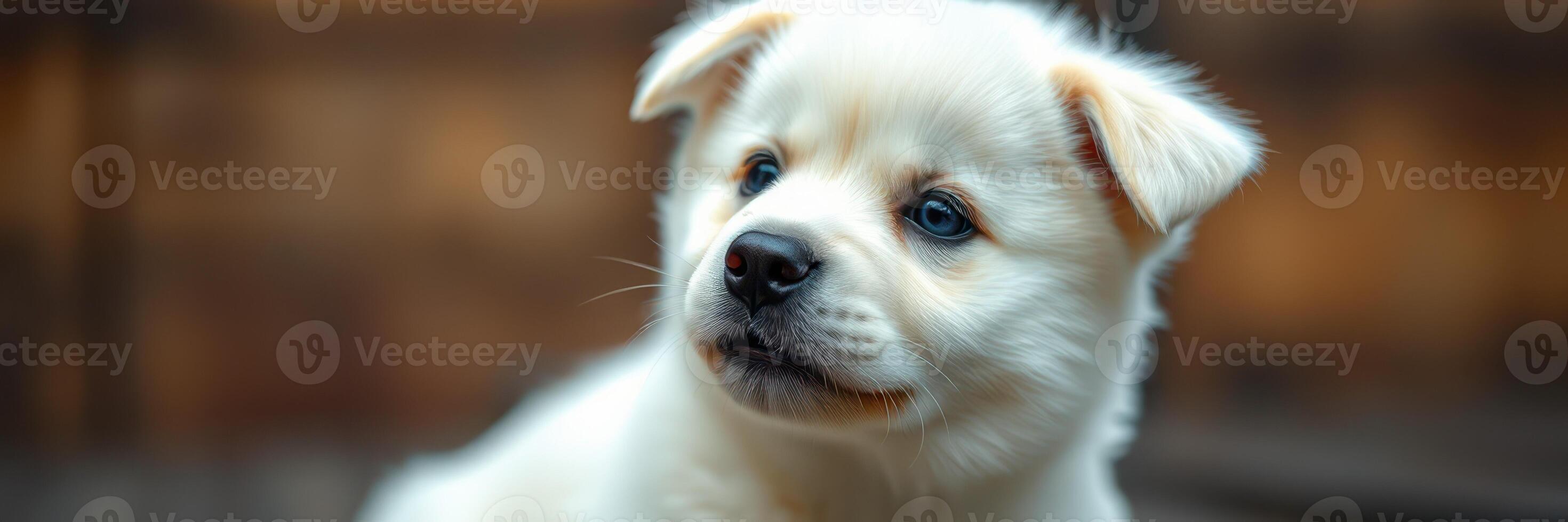 Cute white puppy sitting quietly in a soft, warm environment during the afternoon light photo