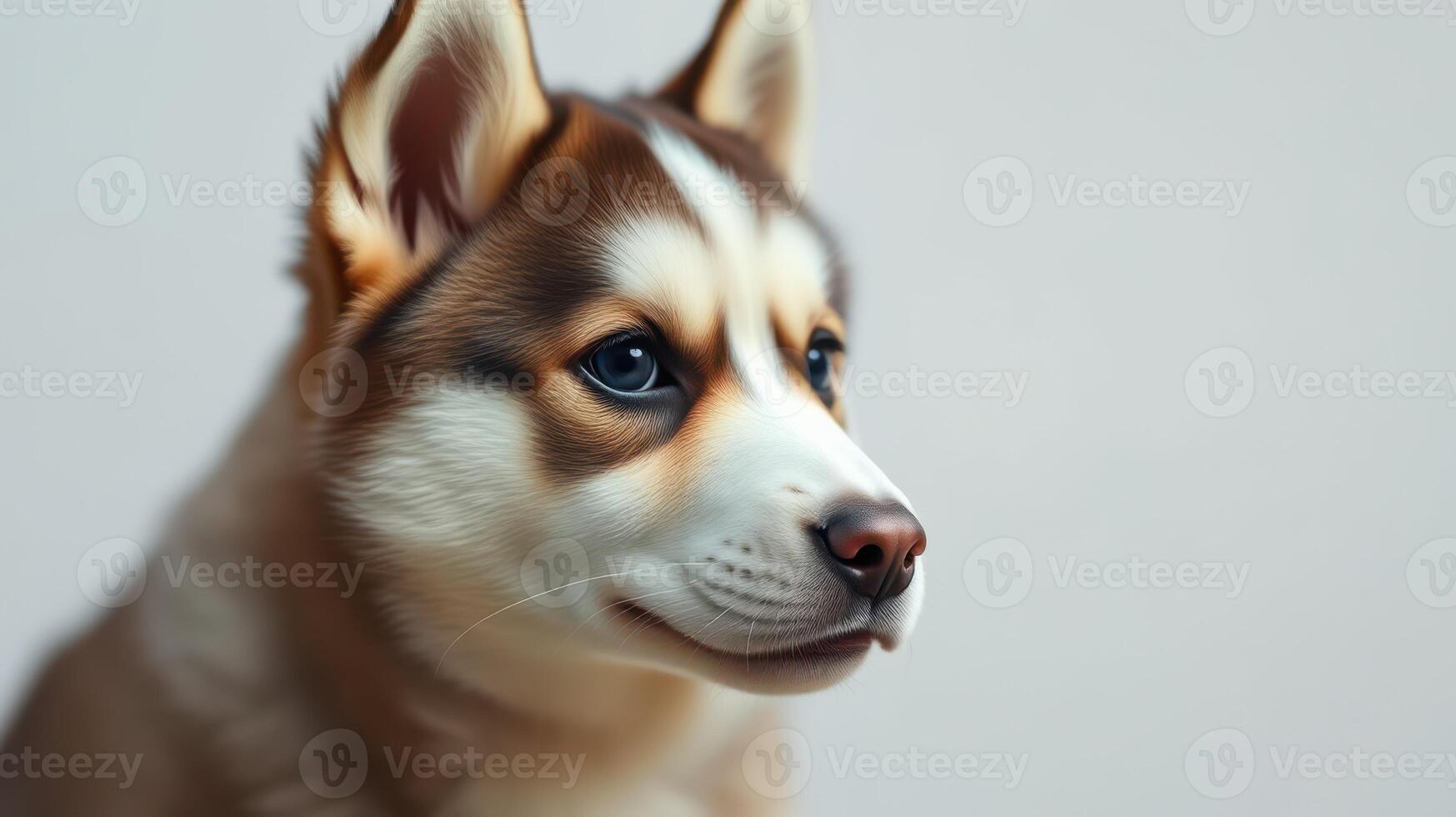 Beautiful Siberian Husky puppy with striking blue eyes and distinctive markings poses gracefully indoors photo