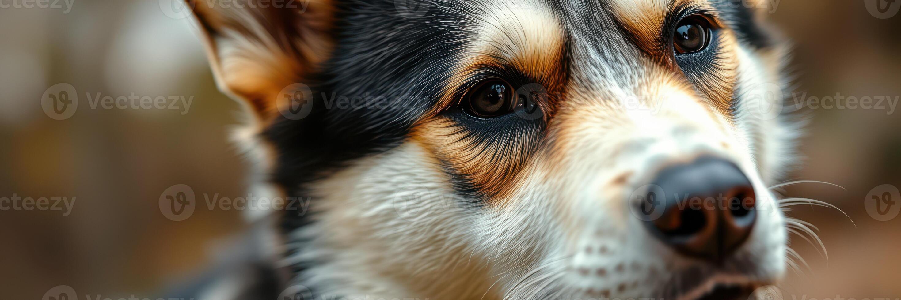 Beautiful close-up portrait of a fluffy dog with striking features in a natural outdoor setting during golden hour photo