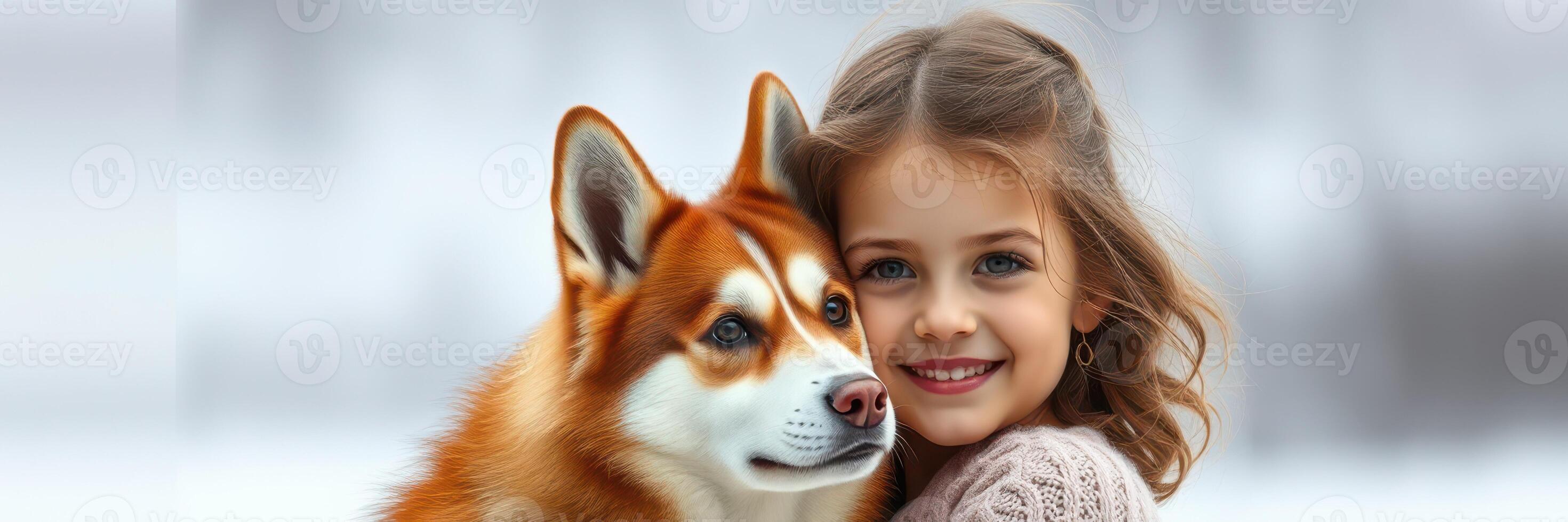Girl joyfully hugs a friendly dog in a snowy landscape during winter season photo