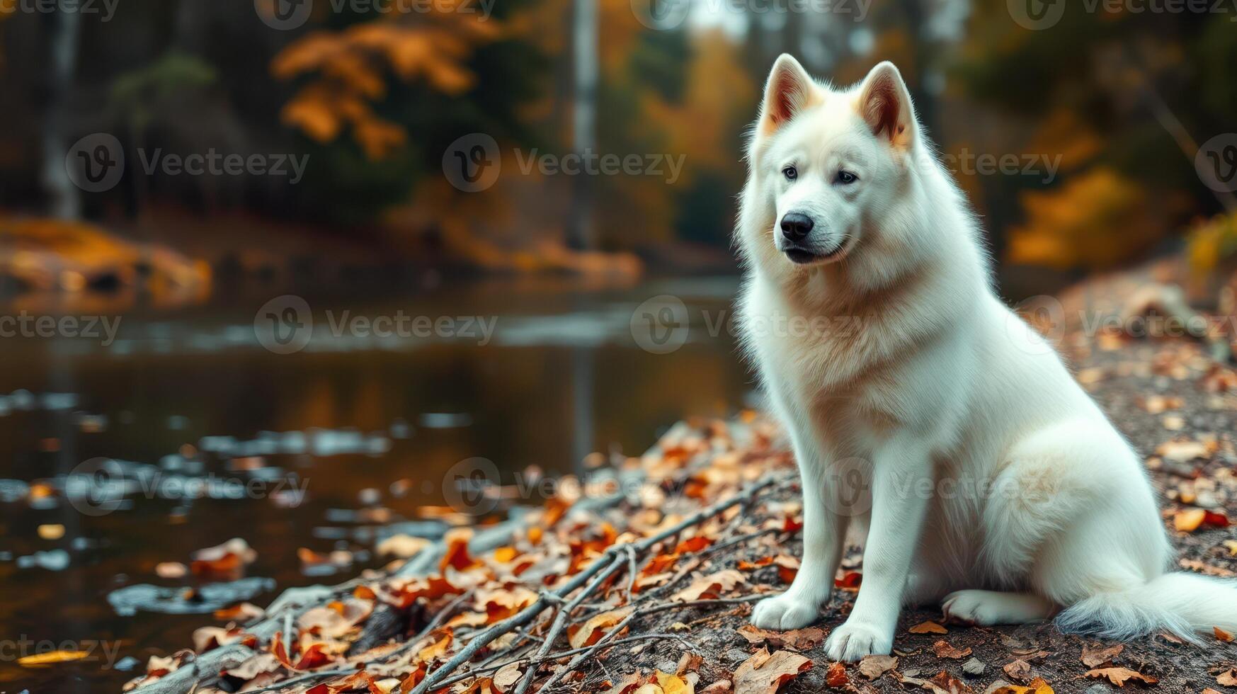 Samoyed dog resting by a serene river surrounded by autumn foliage in a tranquil forest setting photo