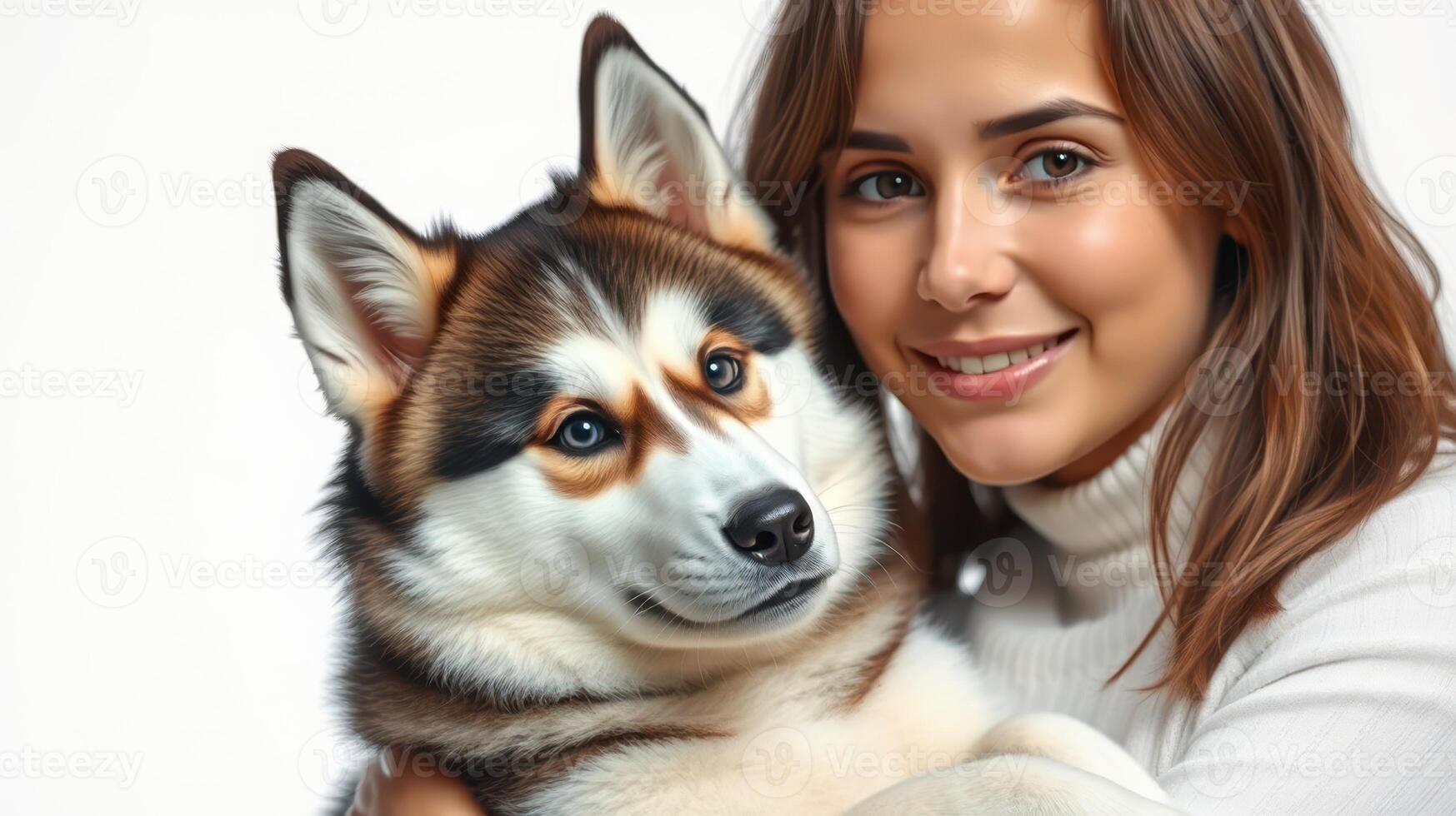 Smiling woman cuddles her adorable husky with a playful expression in a cozy indoor setting photo