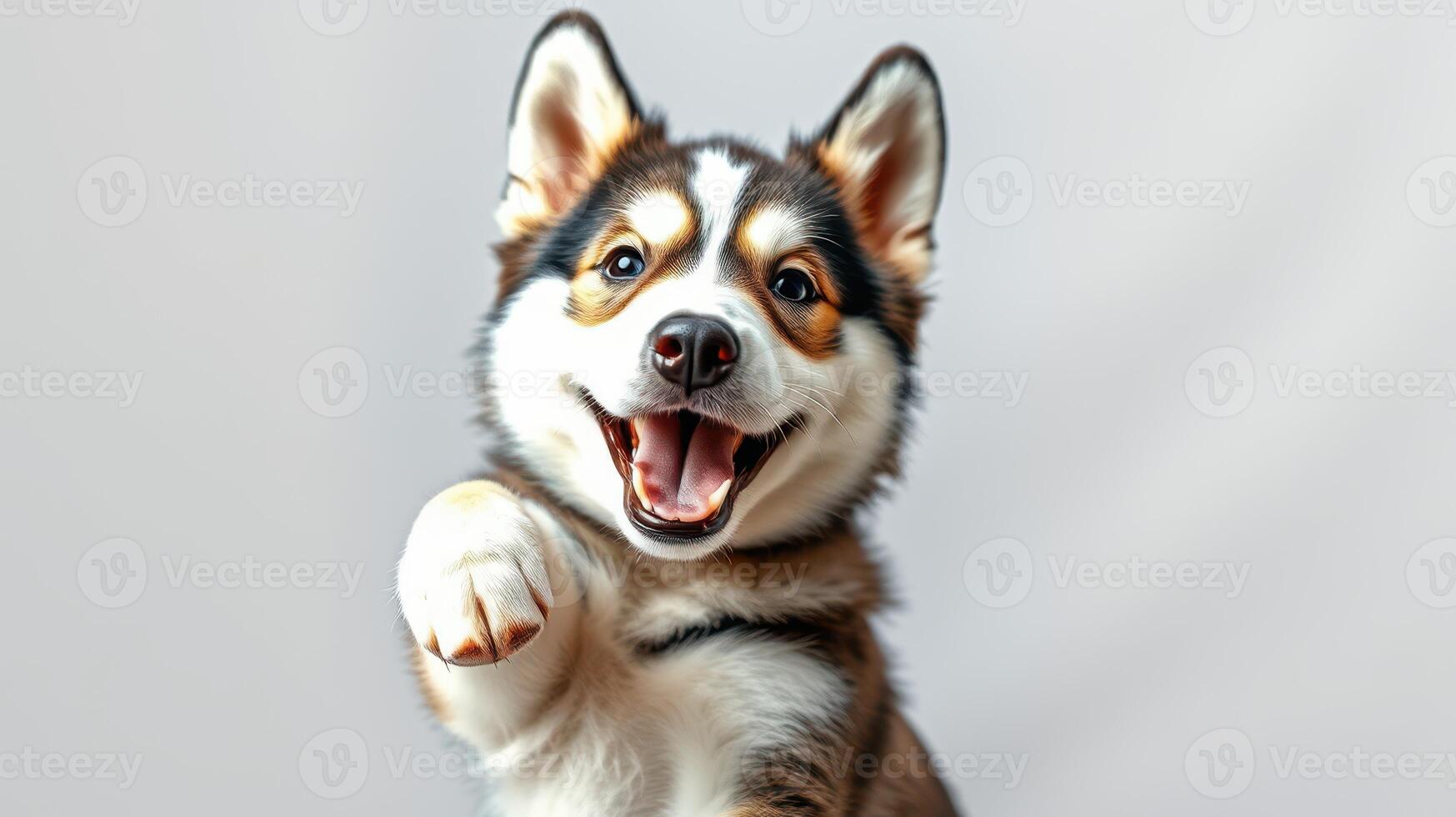 Happy dog with a playful expression reaching out in a bright studio setting photo