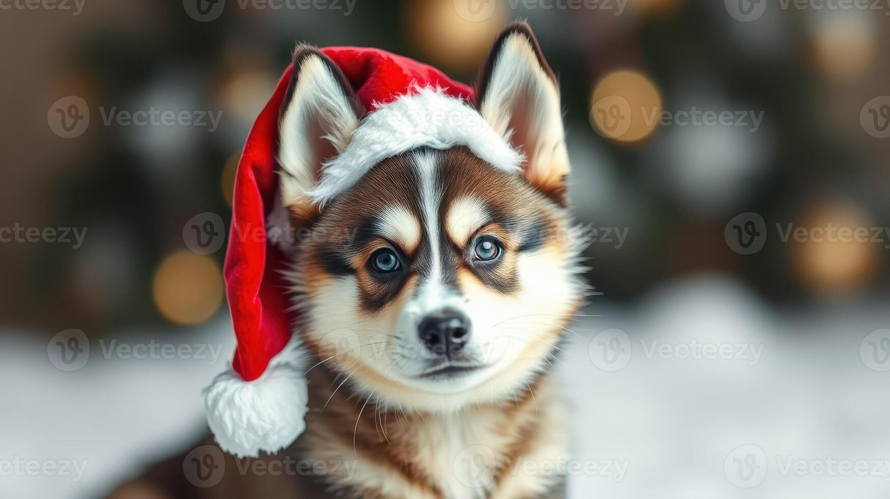 Cute dog wearing a Santa hat during winter holiday season in a festive setting with blurred lights photo