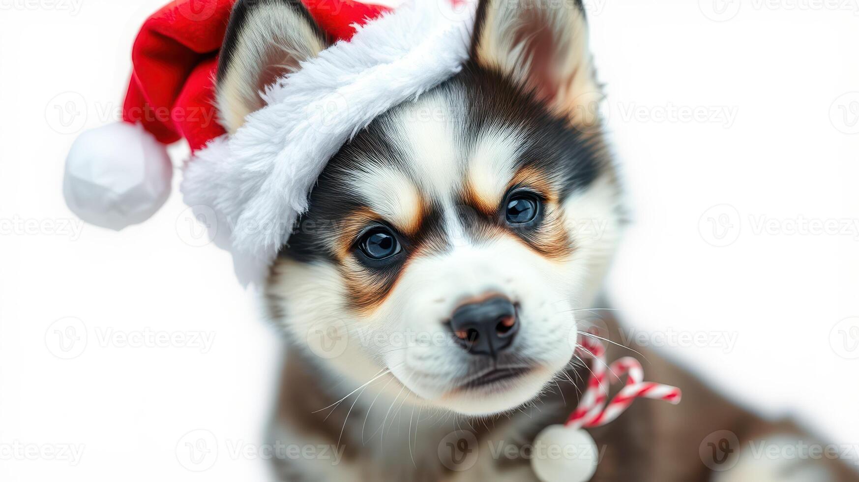 Cute husky puppy wearing Santa hat during winter celebration, exuding festive spirit and joy photo