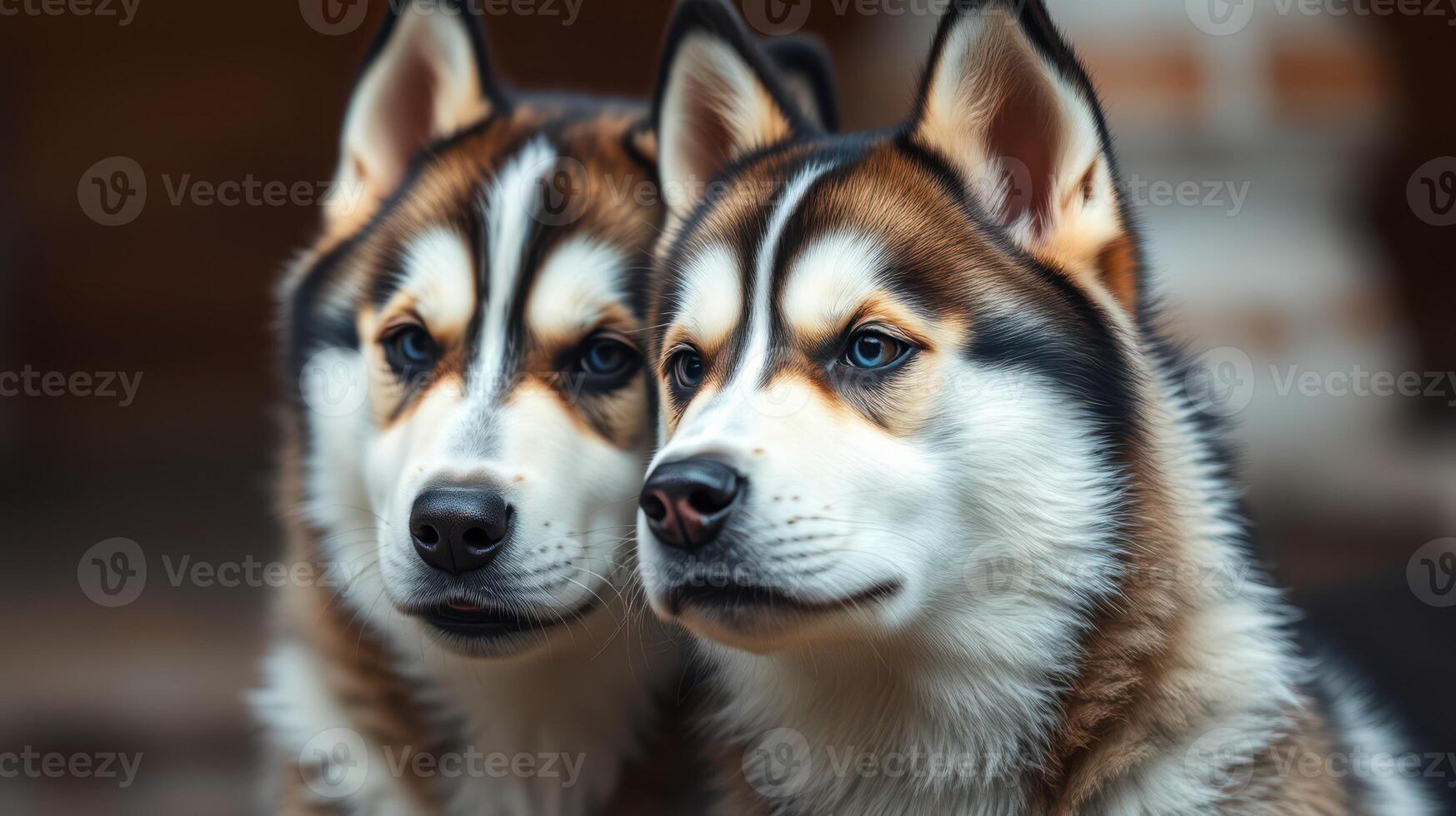 Two husky dogs close together, showcasing their sharp features and expressive eyes in a cozy outdoor setting photo