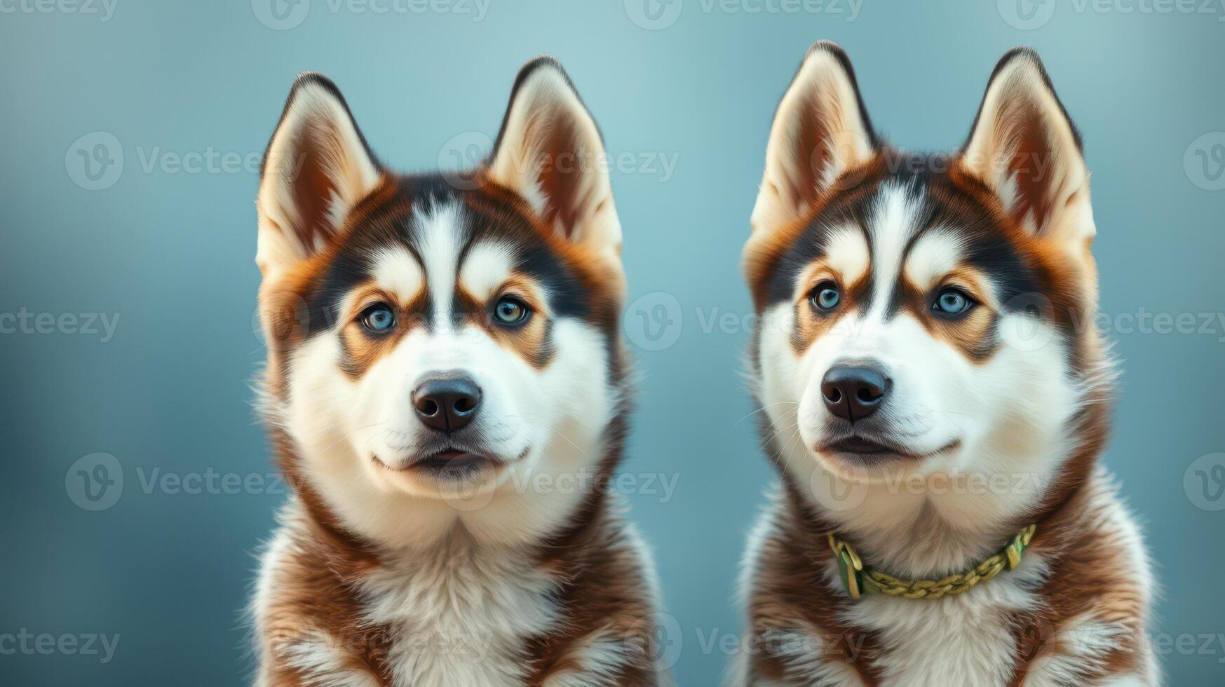 Two beautiful husky dogs with striking eyes sit side by side in a serene setting during daylight hours photo