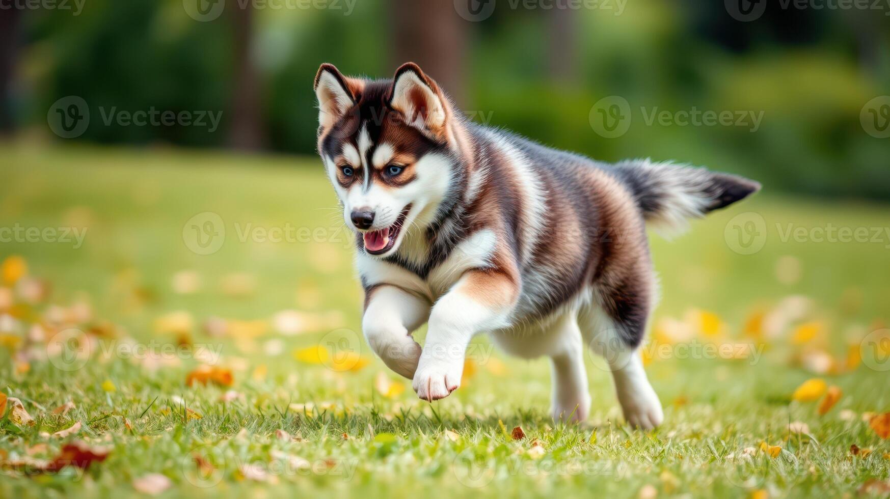 Happy husky puppy playing joyfully in a sunny park surrounded by colorful autumn leaves photo