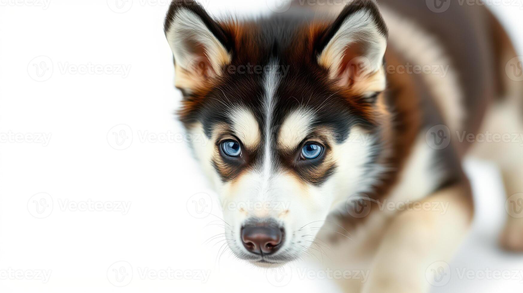 Siberian husky puppy with striking blue eyes exploring indoors during winter season photo
