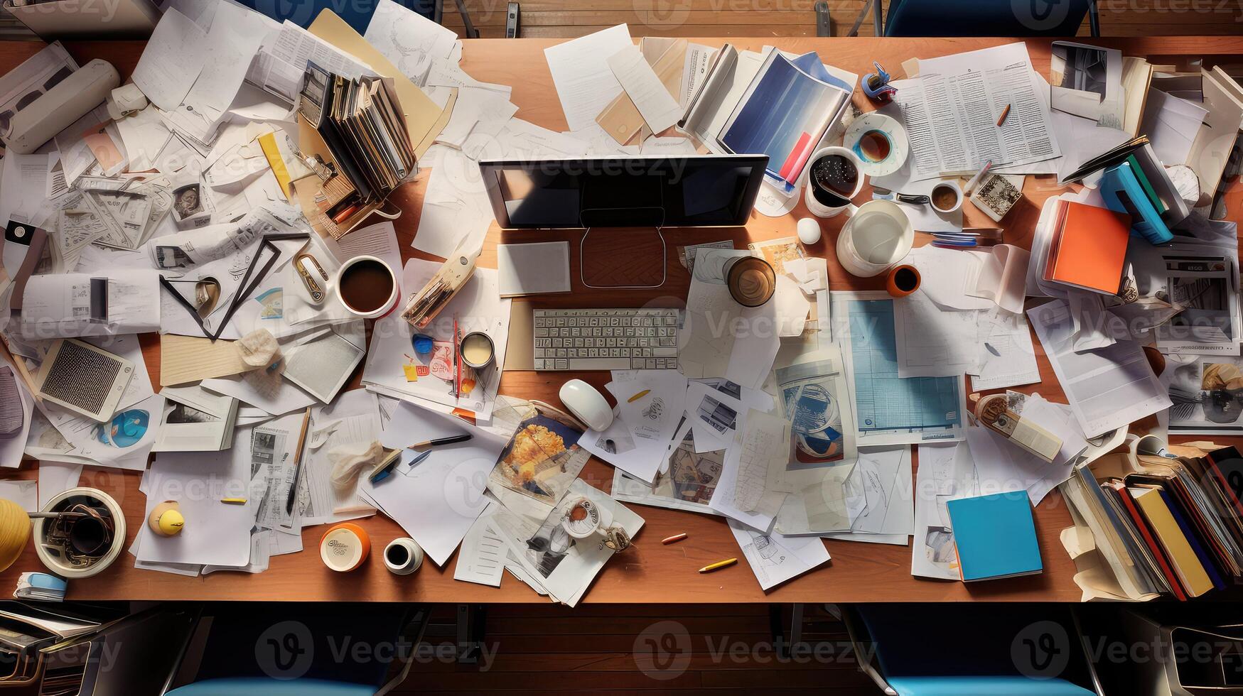 cluttered desk aerial photo
