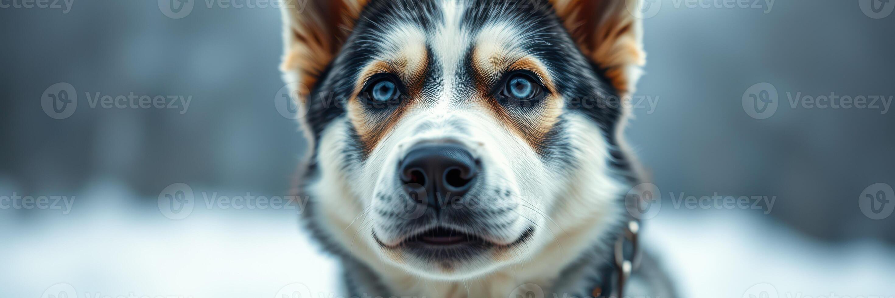 Cool husky with striking blue eyes sits in a snowy landscape on a winter day photo