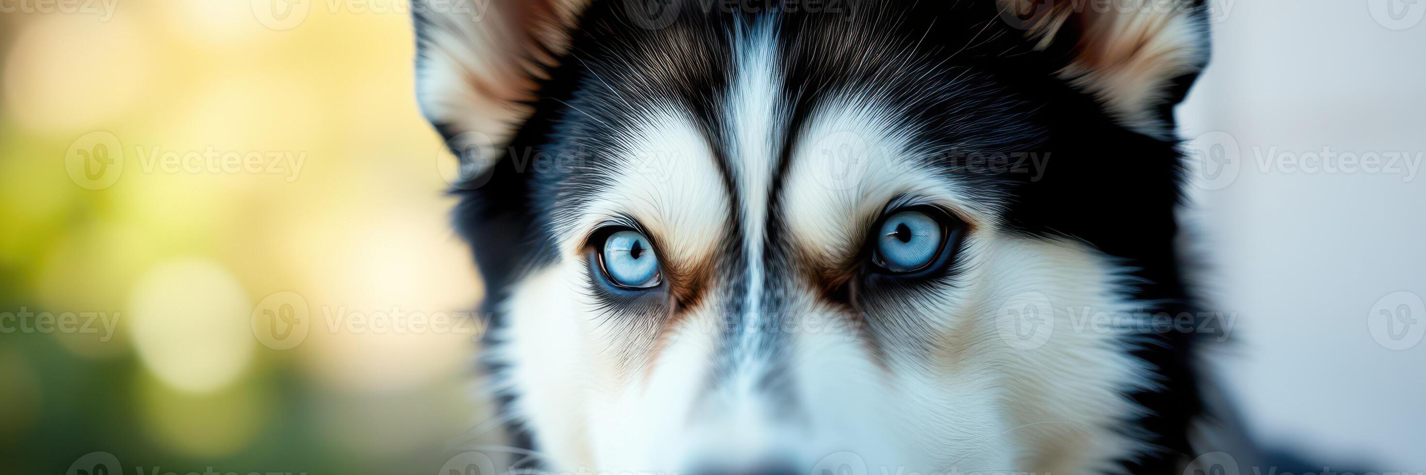 Siberian husky with striking blue eyes sitting outdoors in natural light during the afternoon photo