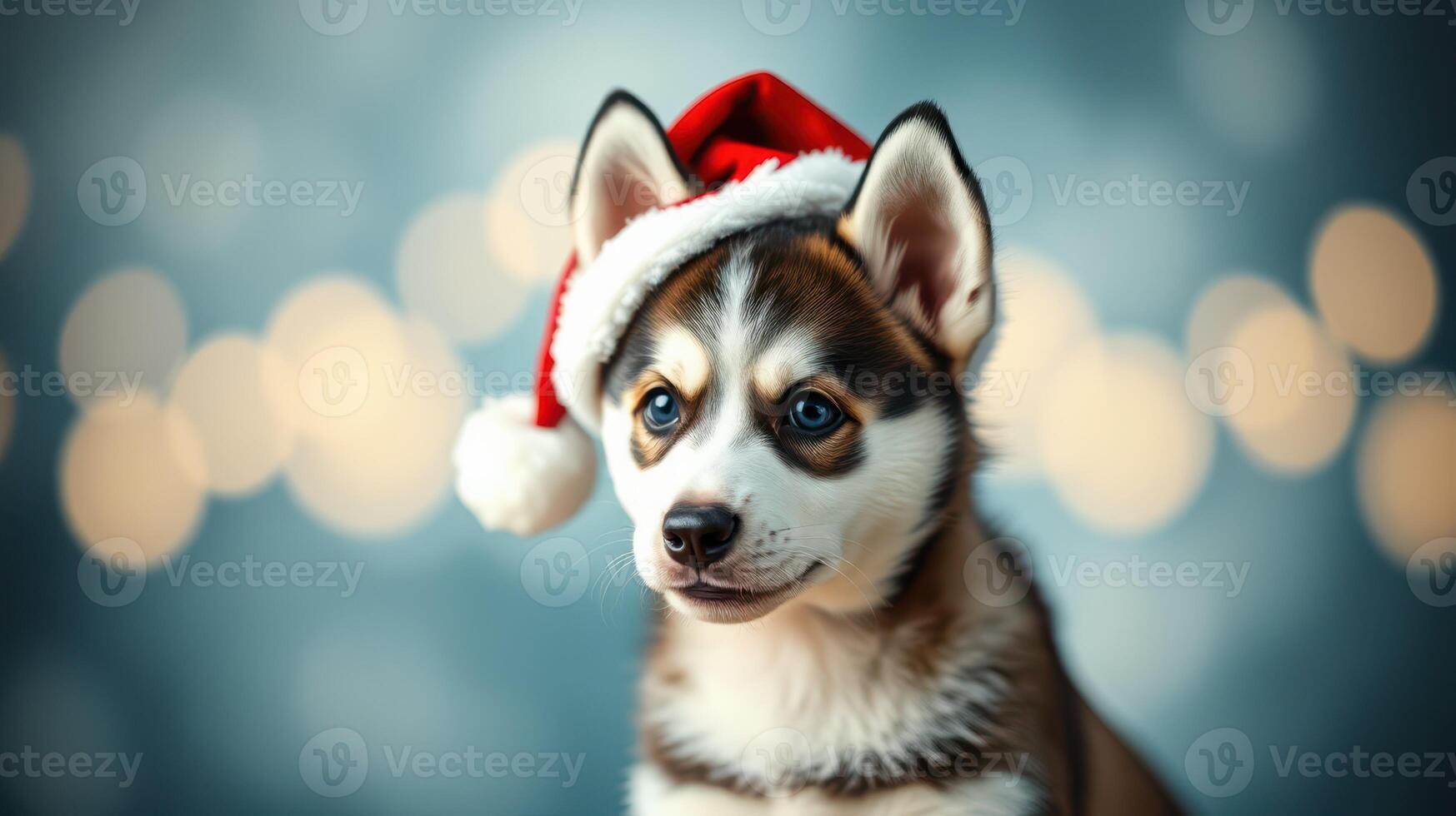 Happy husky puppy wearing Santa hat against a festive background with soft lights during the holiday season photo