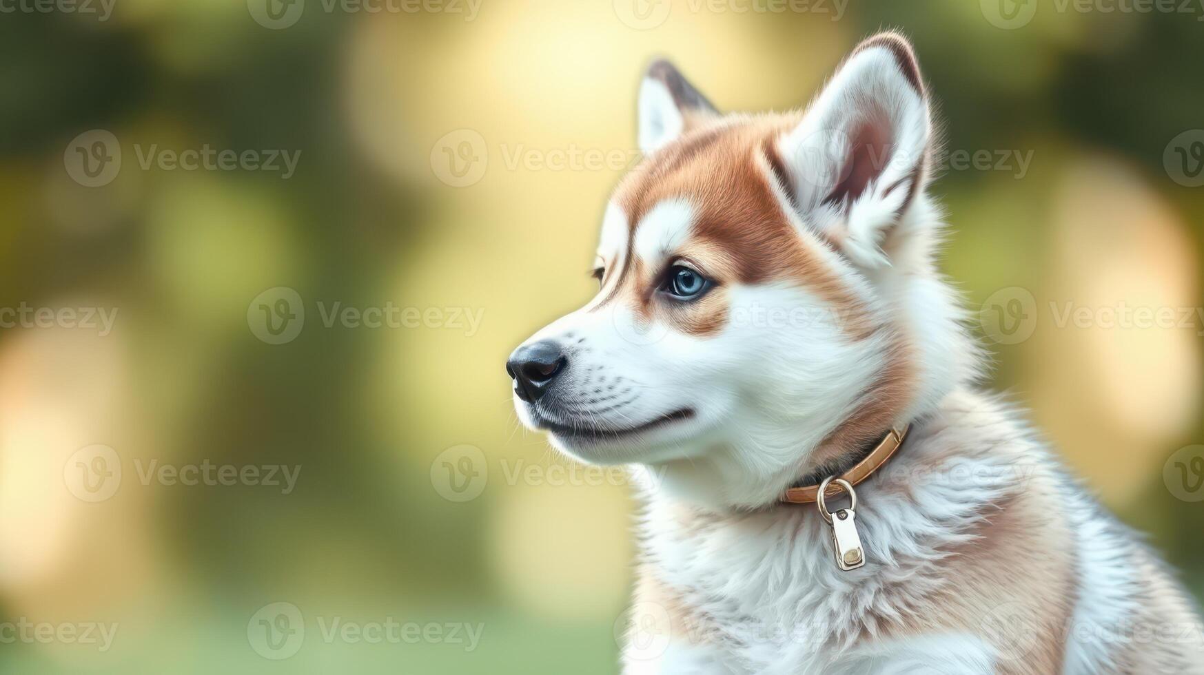 Adorable puppy with fluffy fur sitting outdoors on a sunny day, showcasing curiosity and playfulness in a natural setting photo