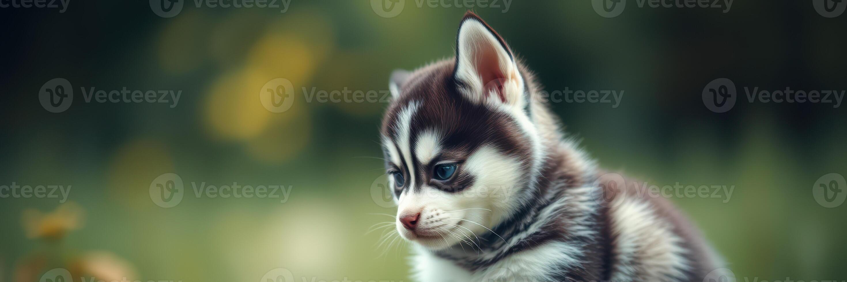 Husky puppy sits on grass in a lush garden, showcasing its playful nature and beautiful fur in the warm afternoon light photo