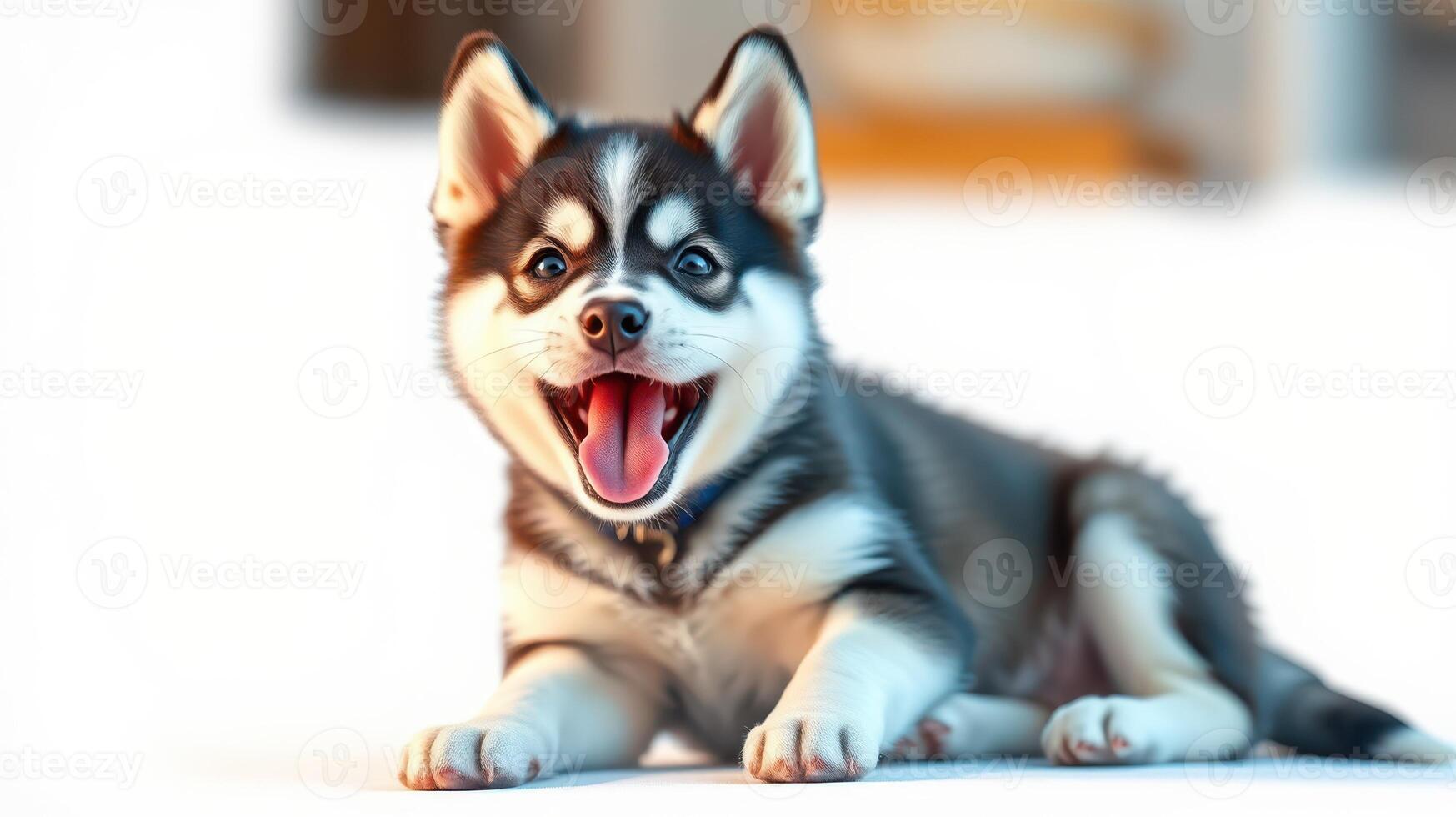 Happy husky puppy lounging indoors on a bright, sunny day with a playful expression photo