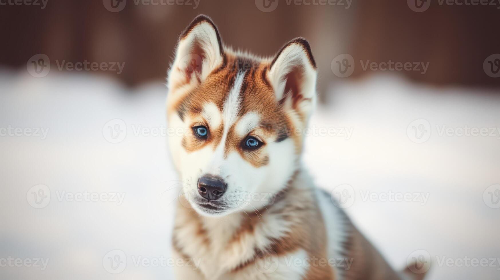 Cute and curious husky puppy explores a snowy landscape during winter photo