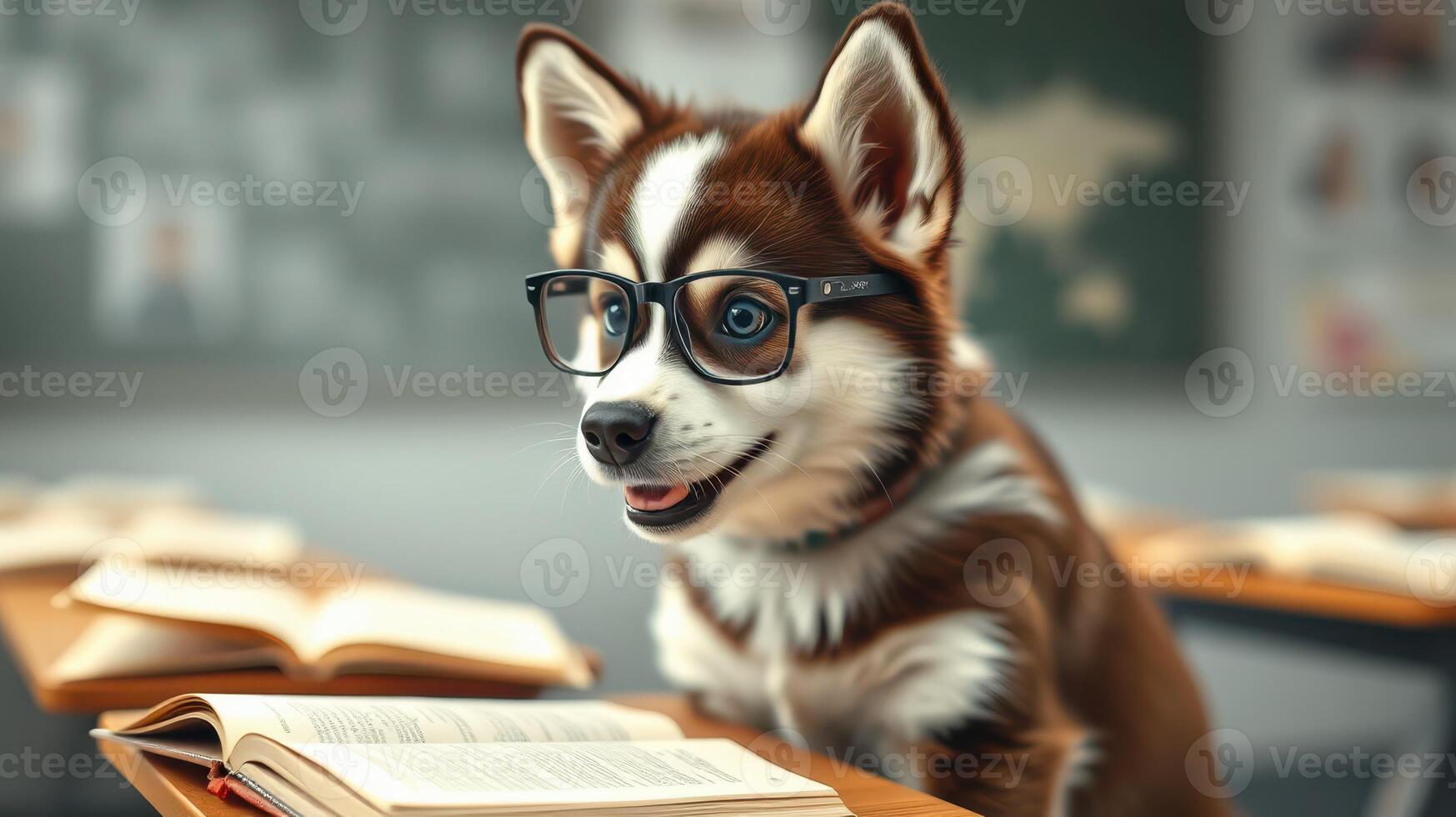 Dog wearing glasses in classroom during a learning session with open books on the desk photo