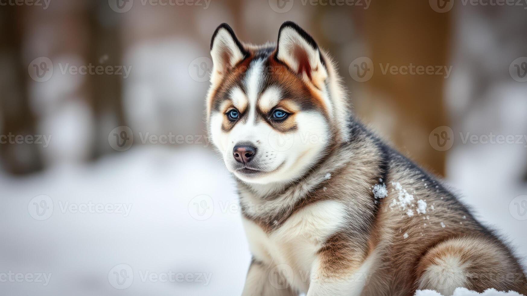 Husky puppy playing in the snow with a serene expression in a forested area during winter photo