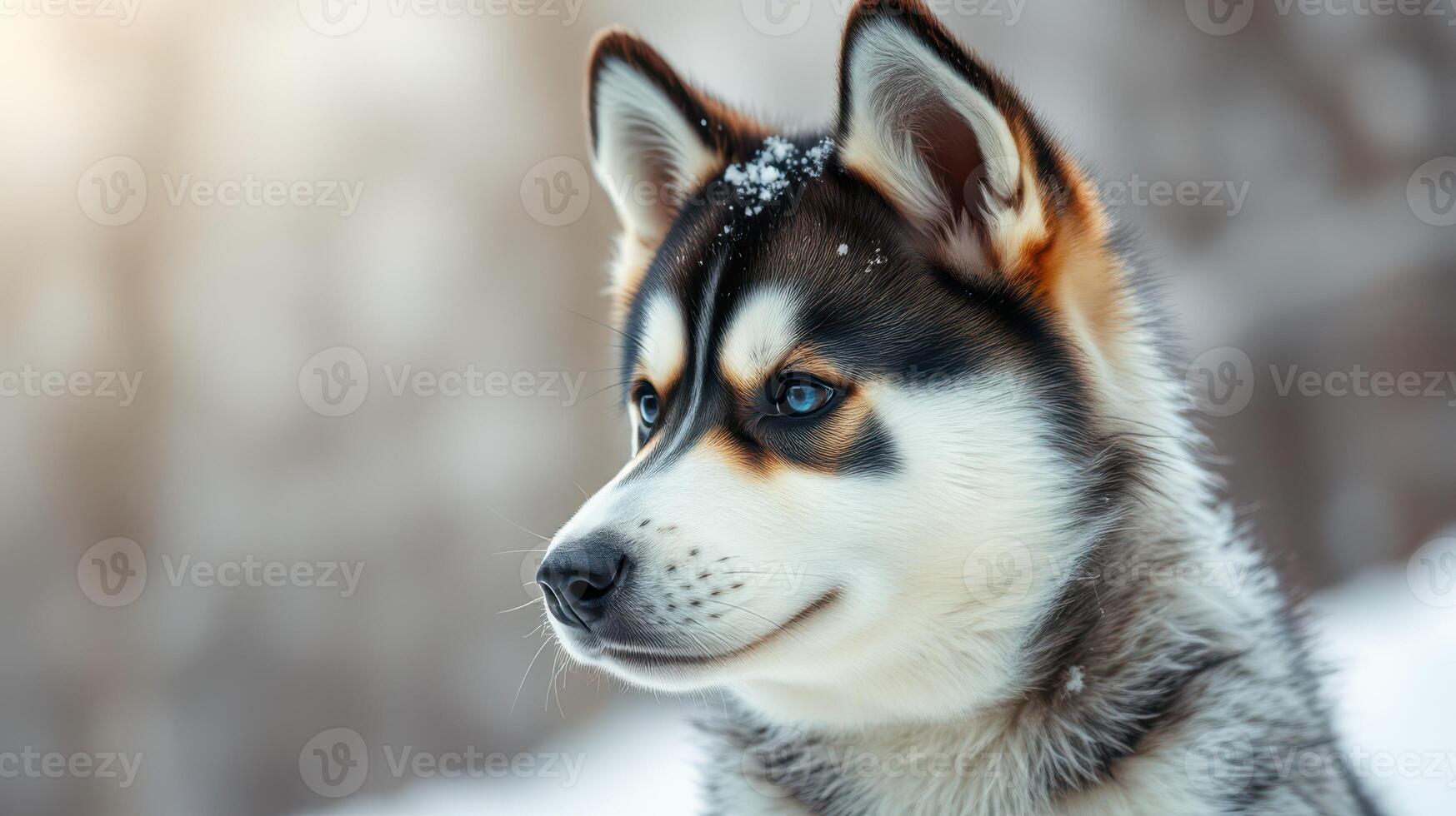 Beautiful husky dog standing in the snow during winter with a serene expression and snowflakes on its fur photo
