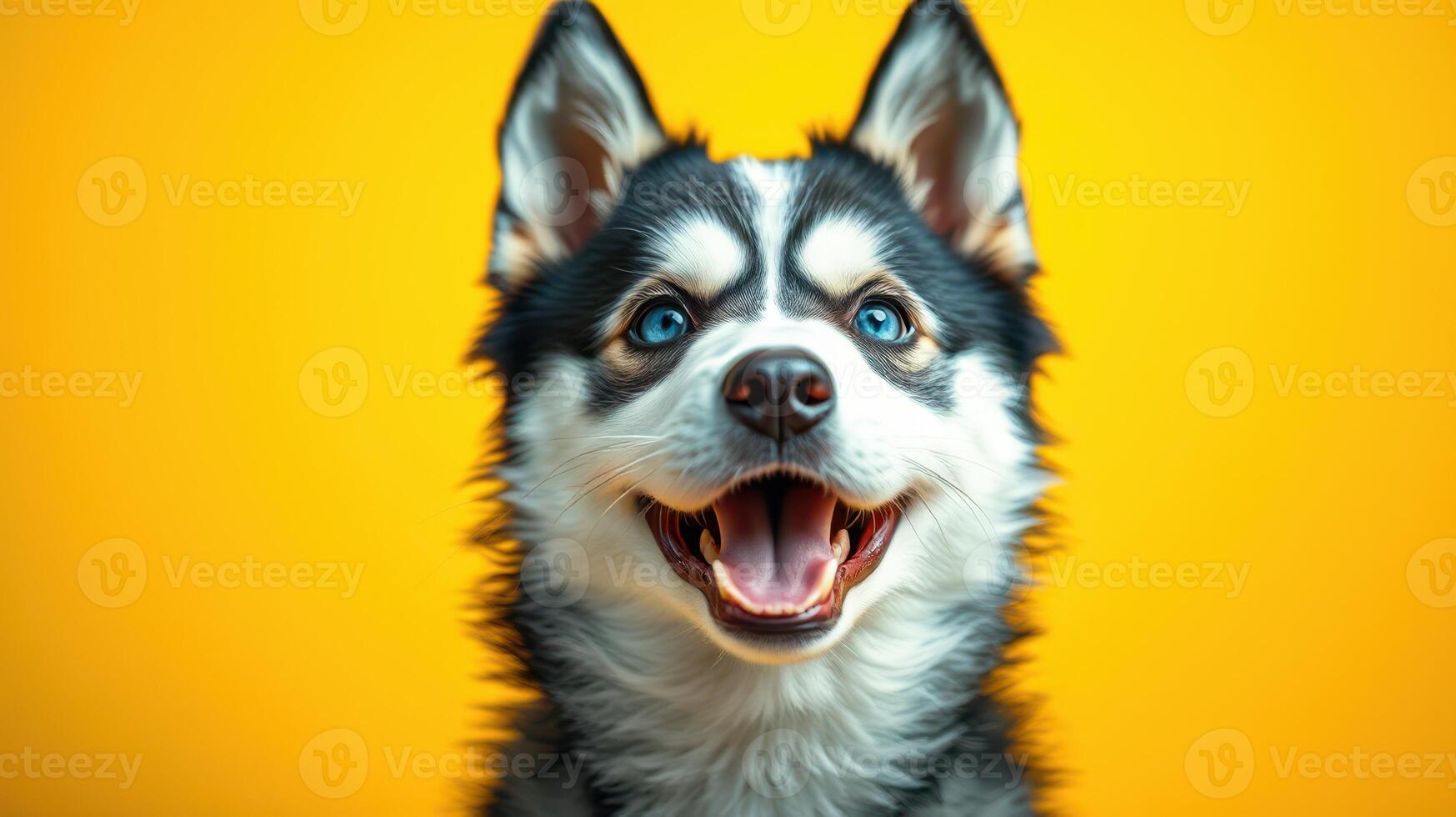 Happy husky with striking blue eyes against a bright yellow background in a playful mood photo