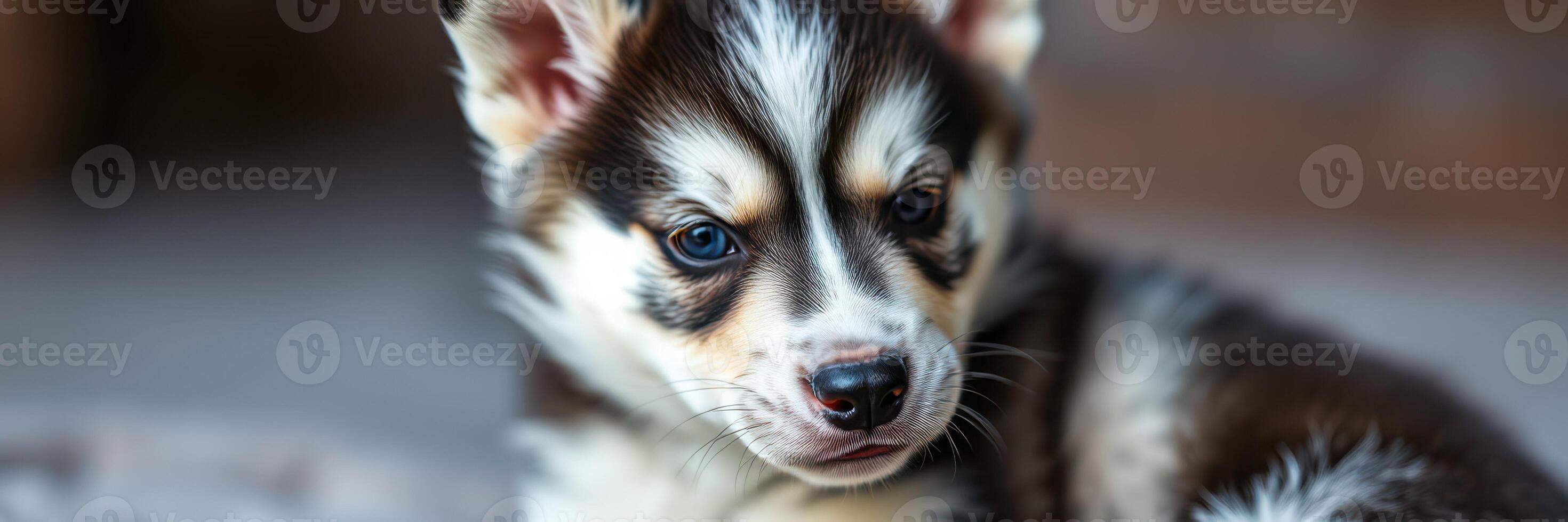 Cute husky puppy sitting on a soft surface, showcasing its distinctive fur pattern and curious expression photo