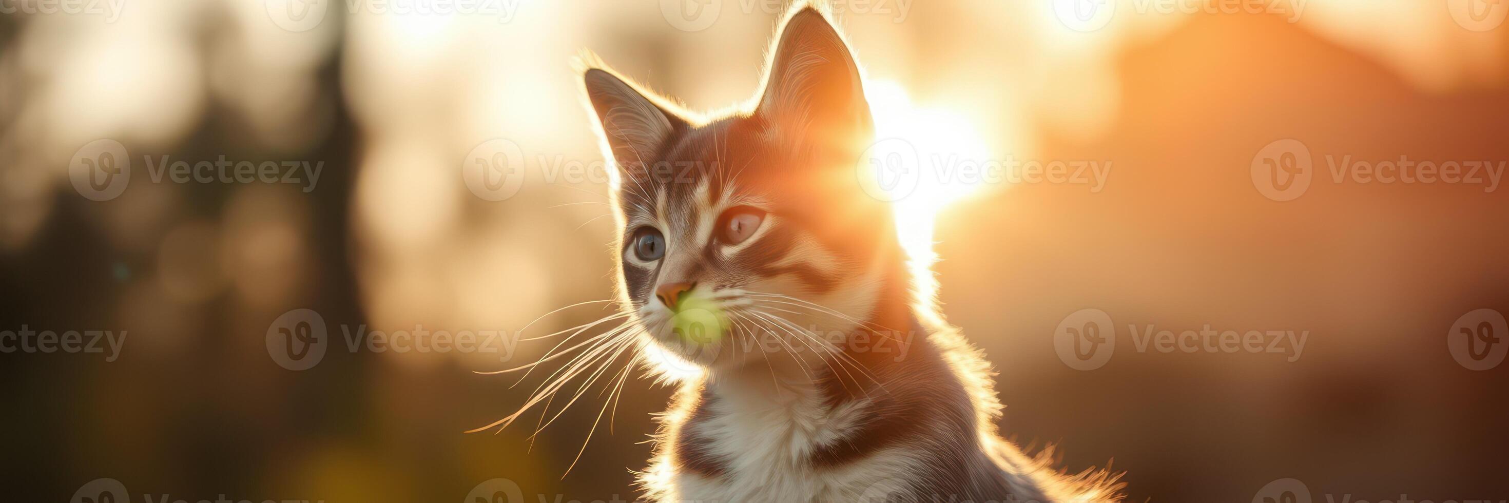 Cat enjoying a sunny sunset moment outdoors with a playful expression and a glowing backdrop photo