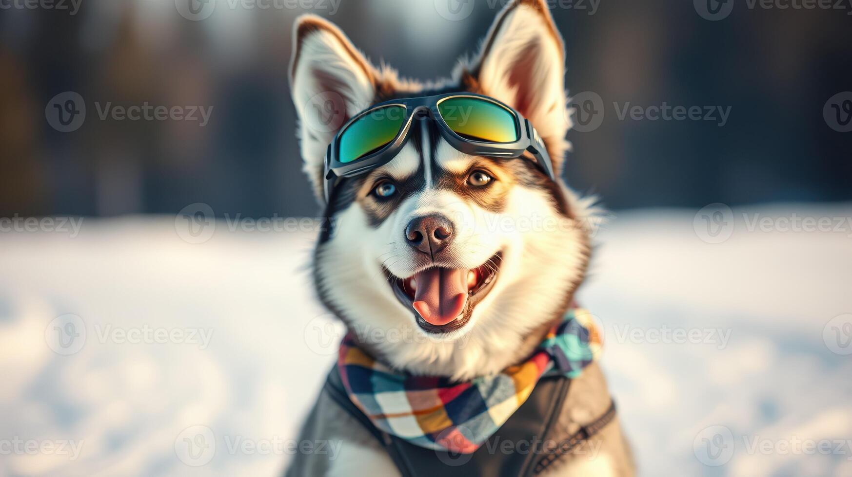 Happy dog wearing sunglasses and a scarf enjoys a sunny day in the snowy mountains photo