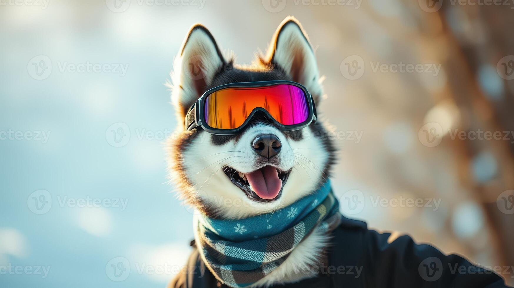 Siberian Husky wearing stylish goggles and scarf enjoys a sunny winter day in the snow photo