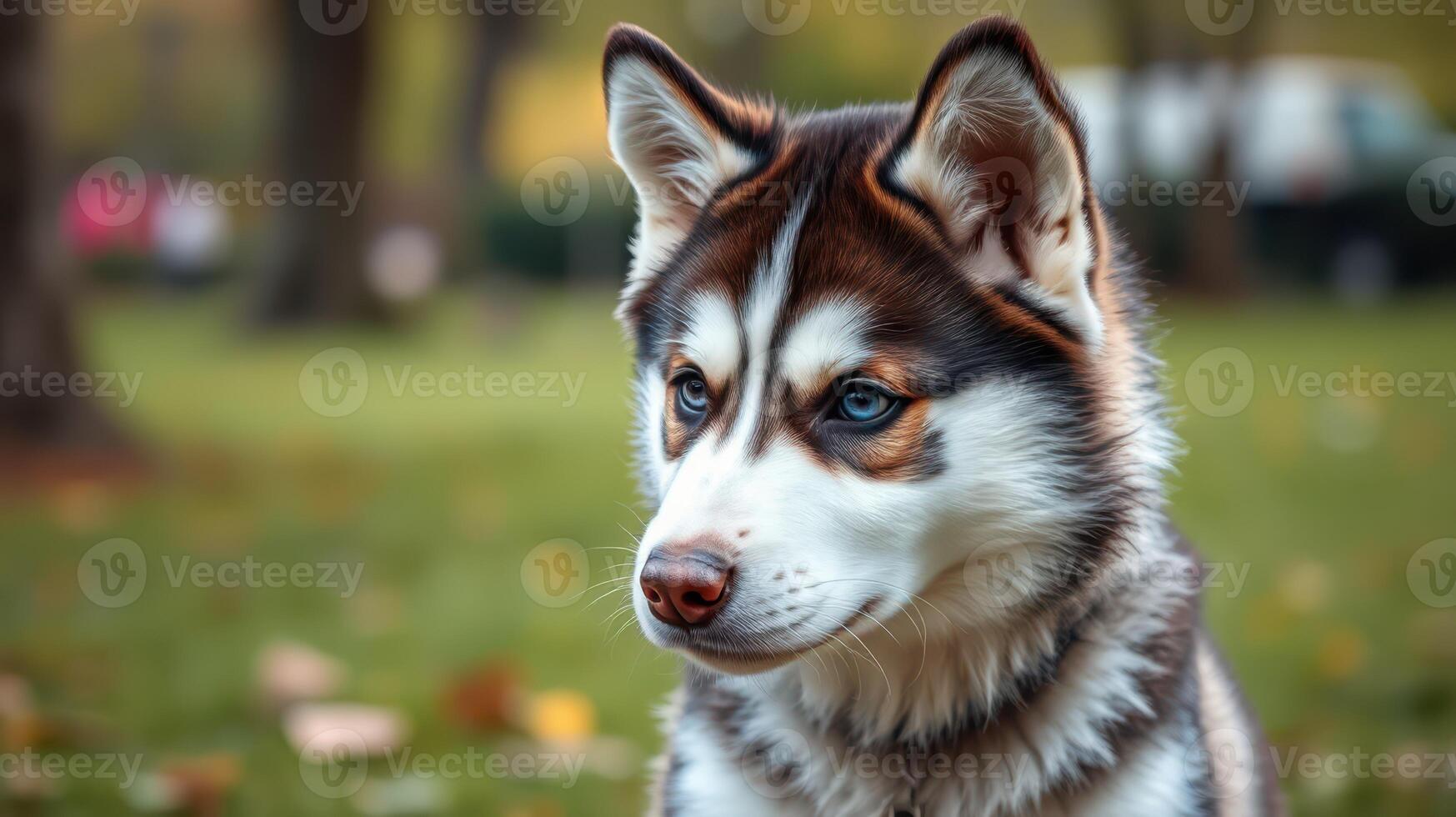 Siberian husky in a park during autumn season with fallen leaves and colorful trees in the background photo