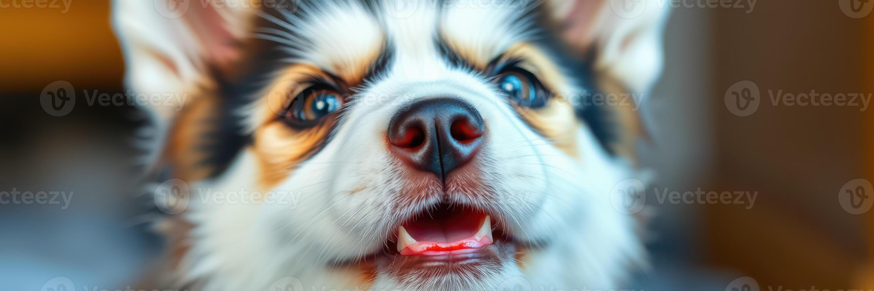 Happy dog with bright eyes enjoys a moment indoors, showcasing joyful expression and playful demeanor during afternoon light photo